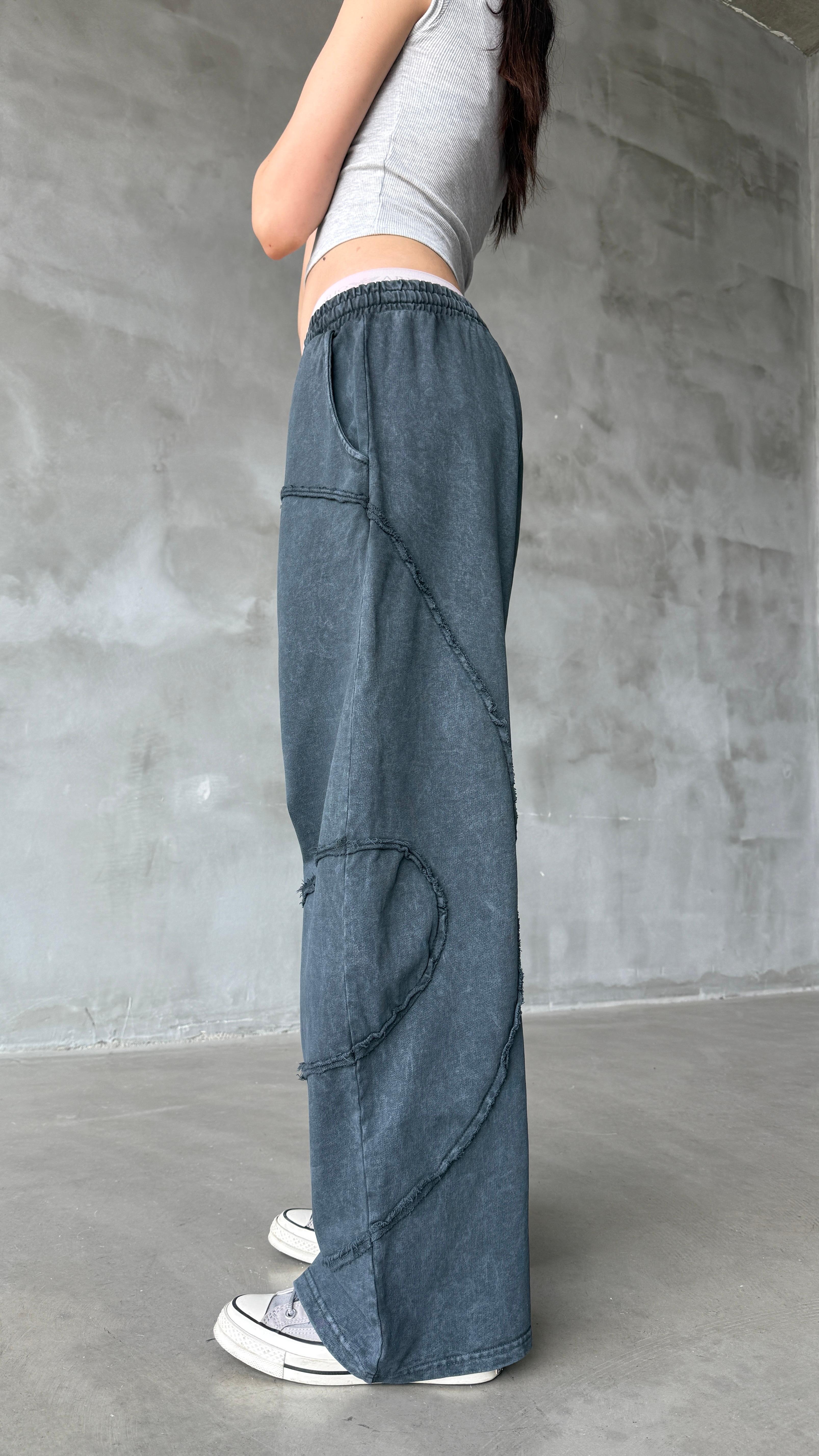 Ters Dikiş Mavi Yıkamalı Mevsimlik Premium Baggy Sweatpant