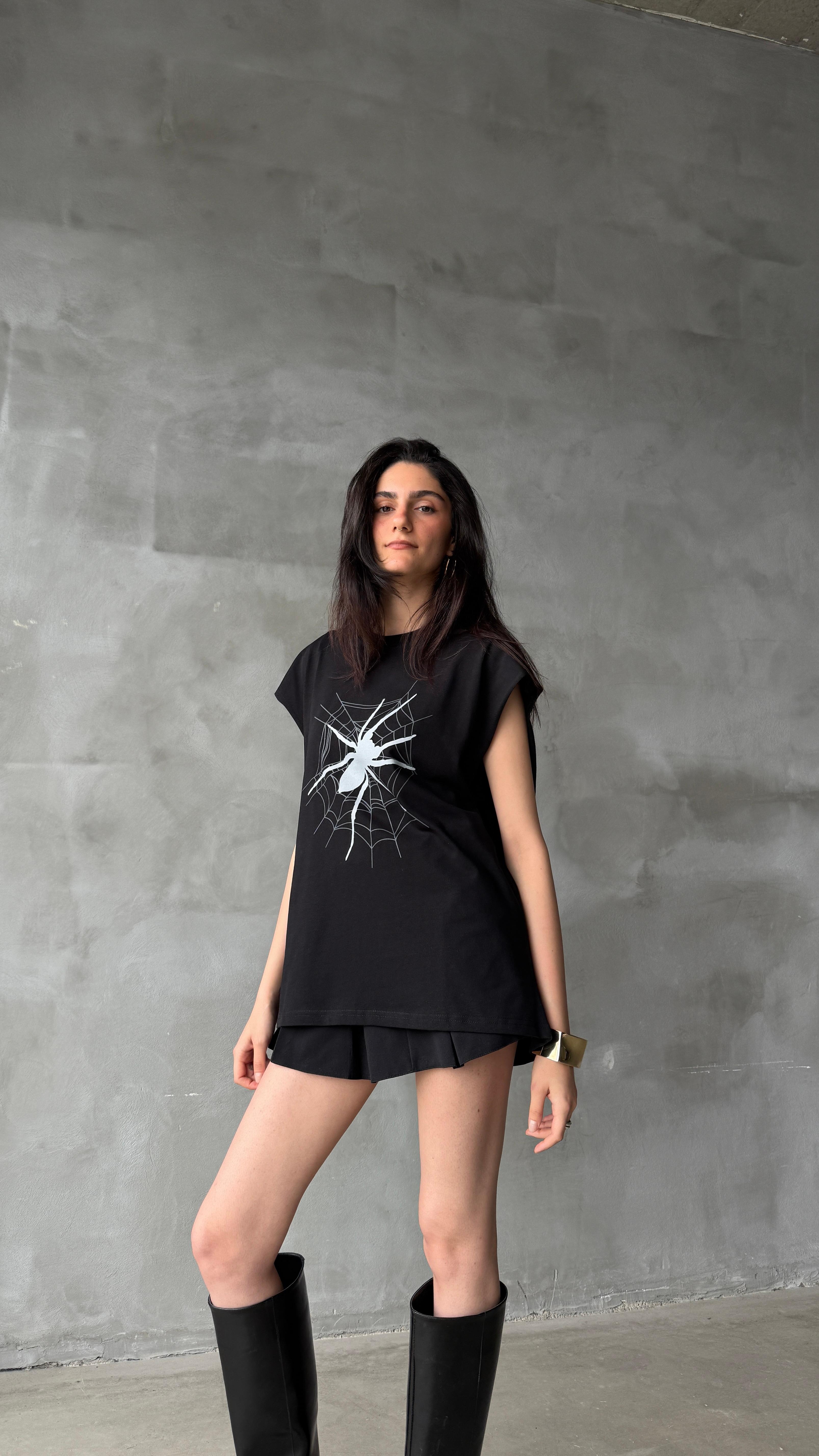 Spider Siyah Yarım Kol Oversize Tişört