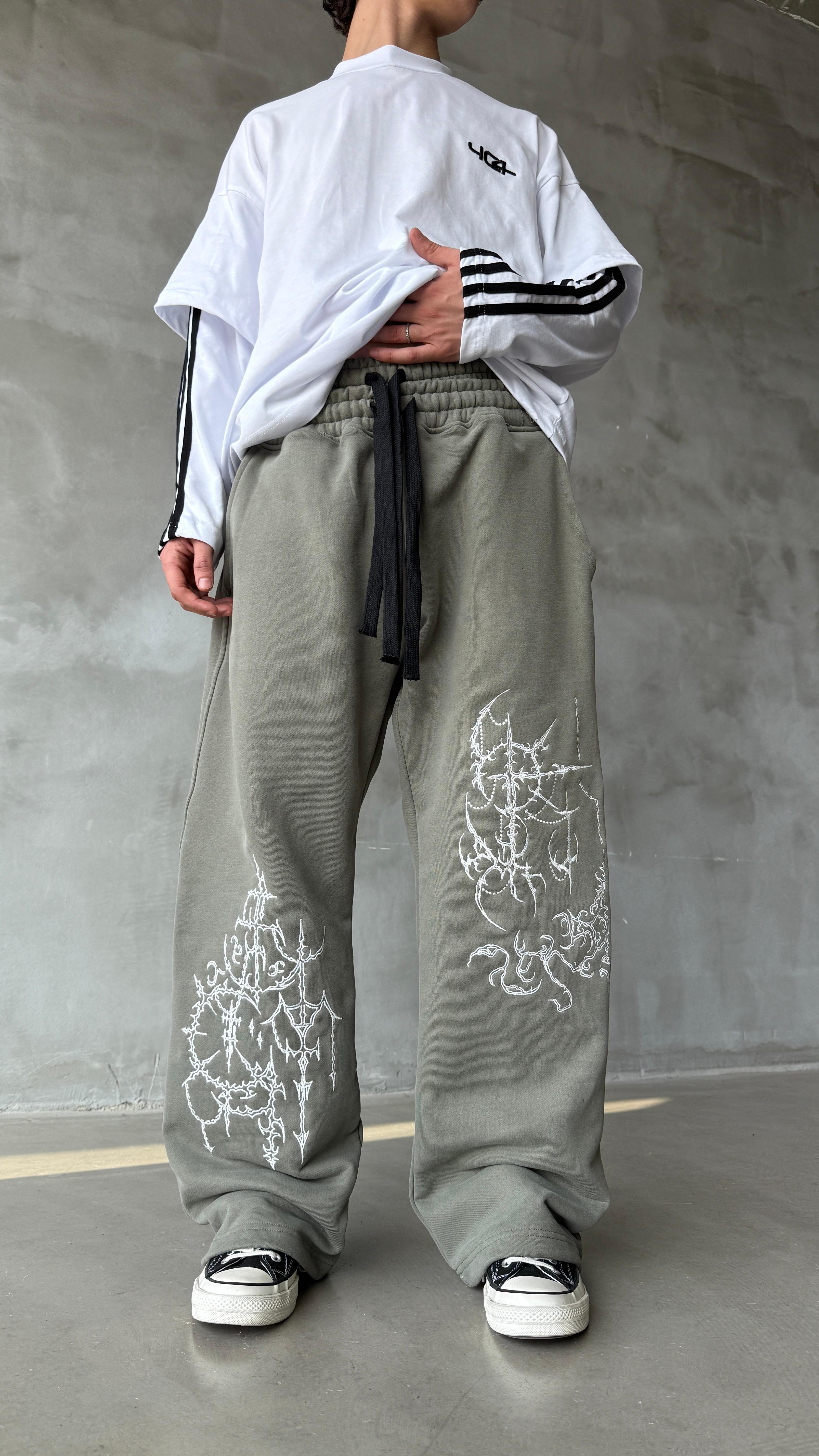 Haki Dreamcatcher Nakış İşlemeli Double Waist Premium Baggy Sweatpant