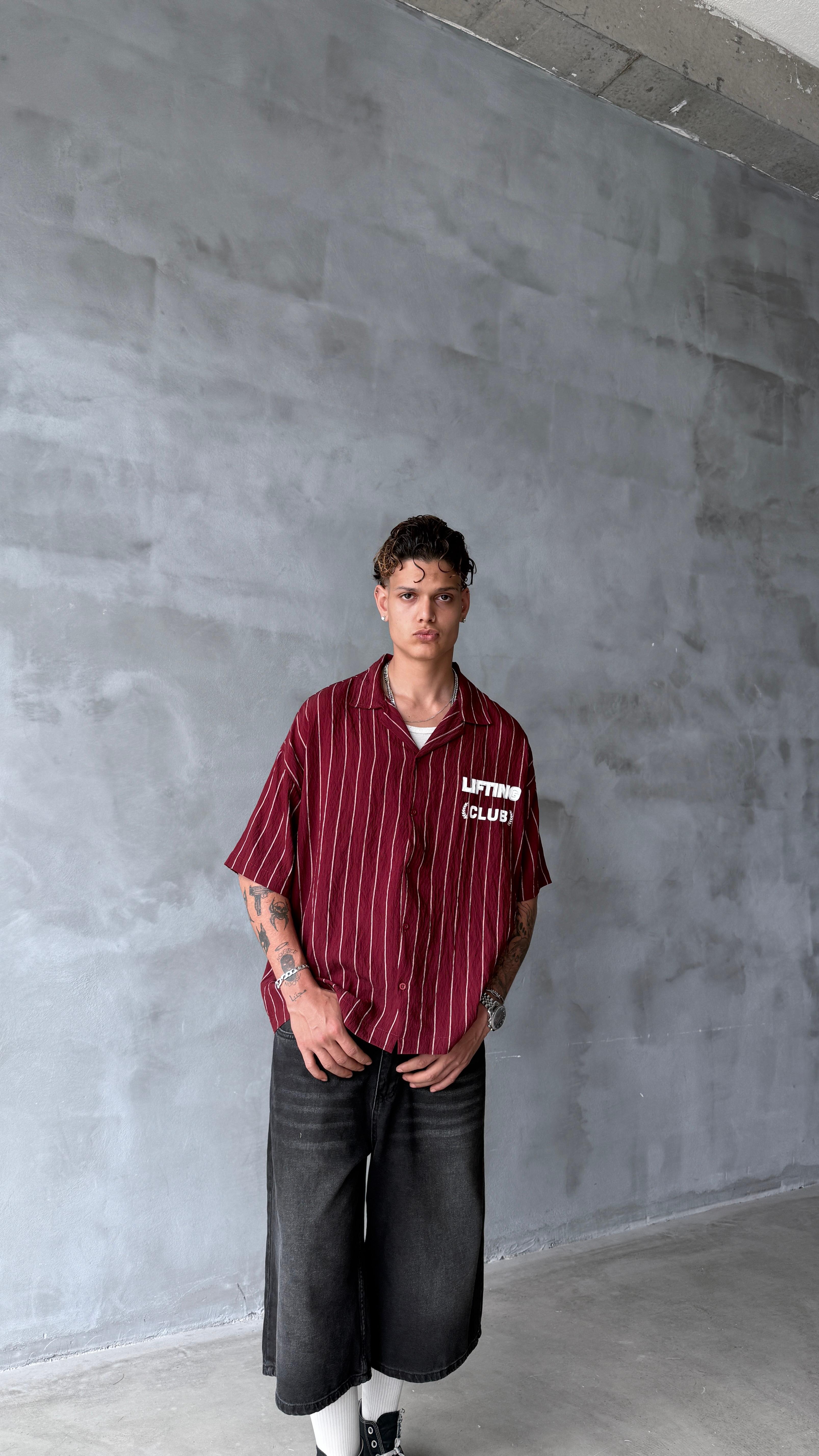 Bordo Lifting Club Çizgili Oversize Keten Gömlek