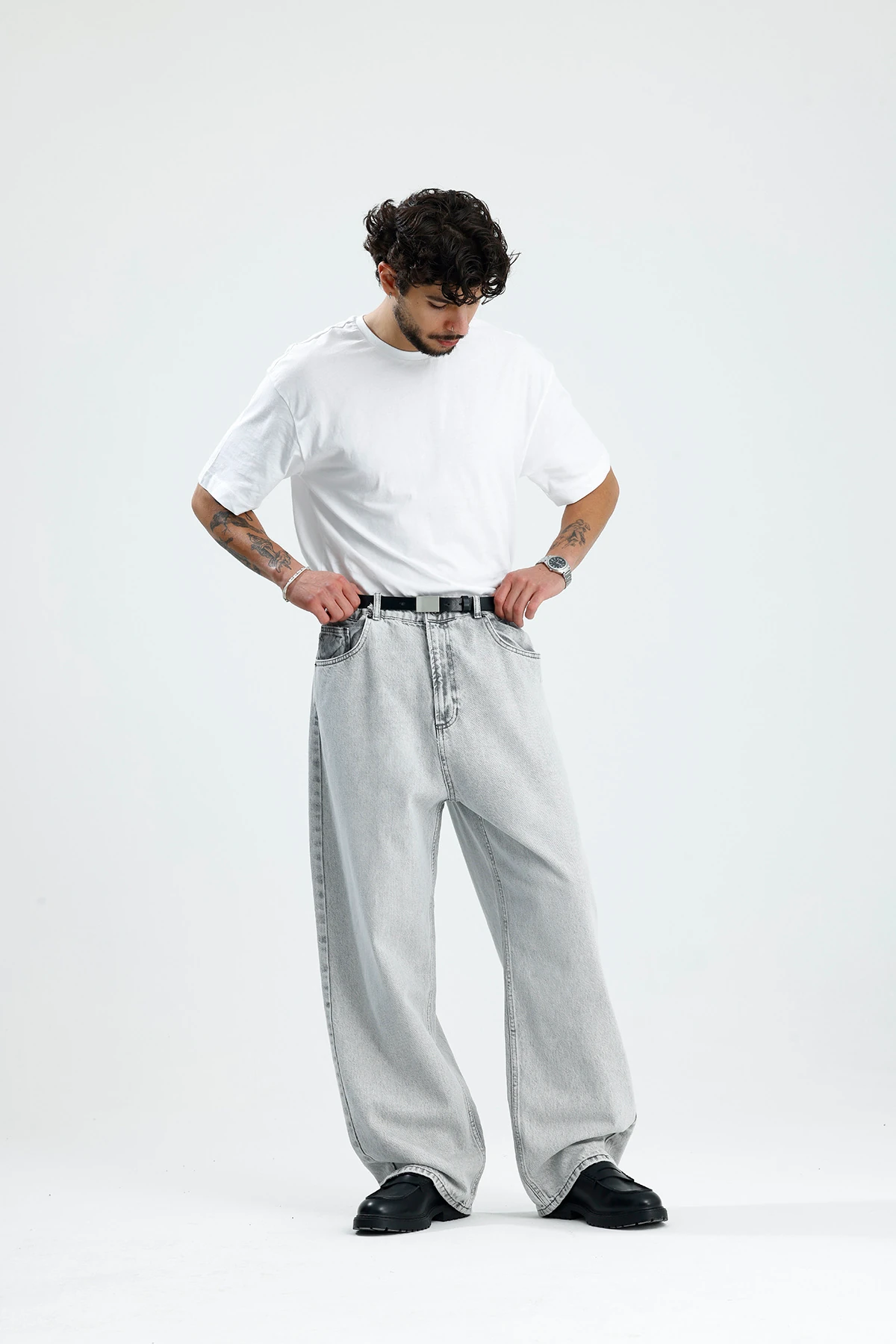 Açık Gri Yıkamalı Premium Baggy Jean