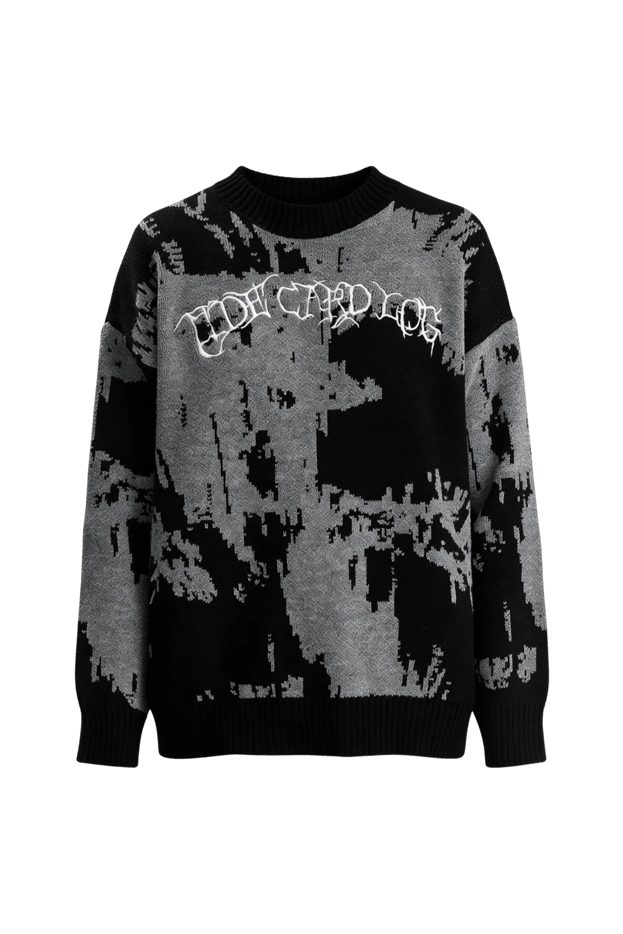 Siyah Glitch Nakış Detay Premium Yıkamalı Oversize Triko Kazak