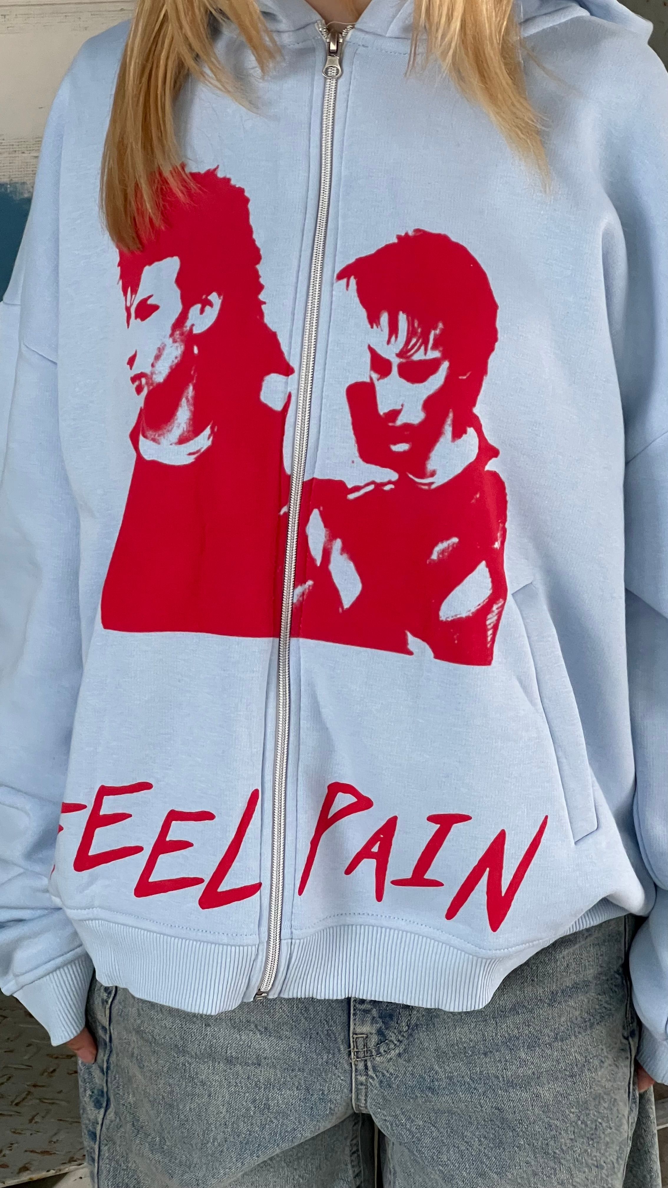 Feel Pain Bebek Mavisi Oversize Zipper Hoodie