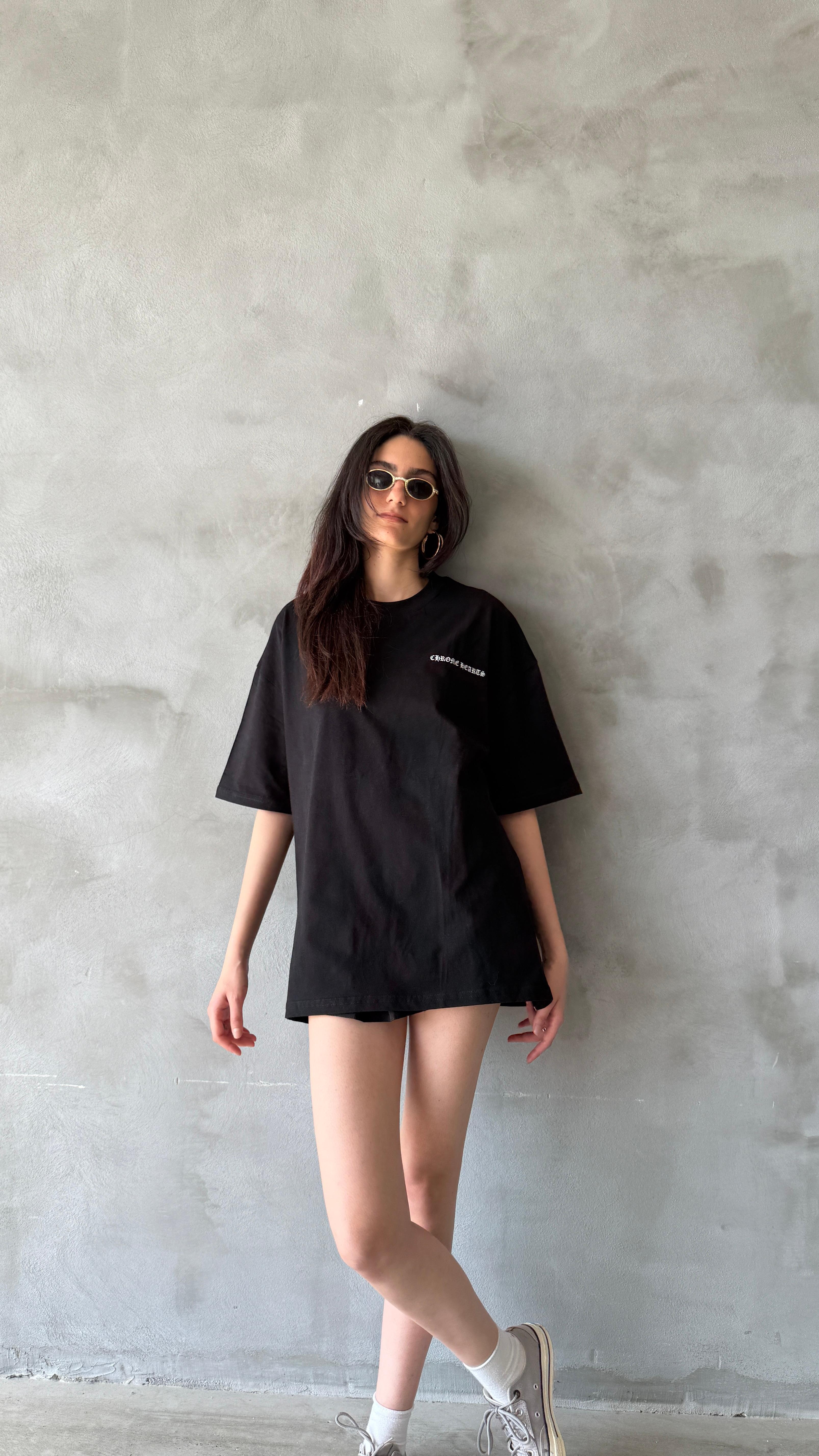 Siyah Hearts Oversize Tişört 