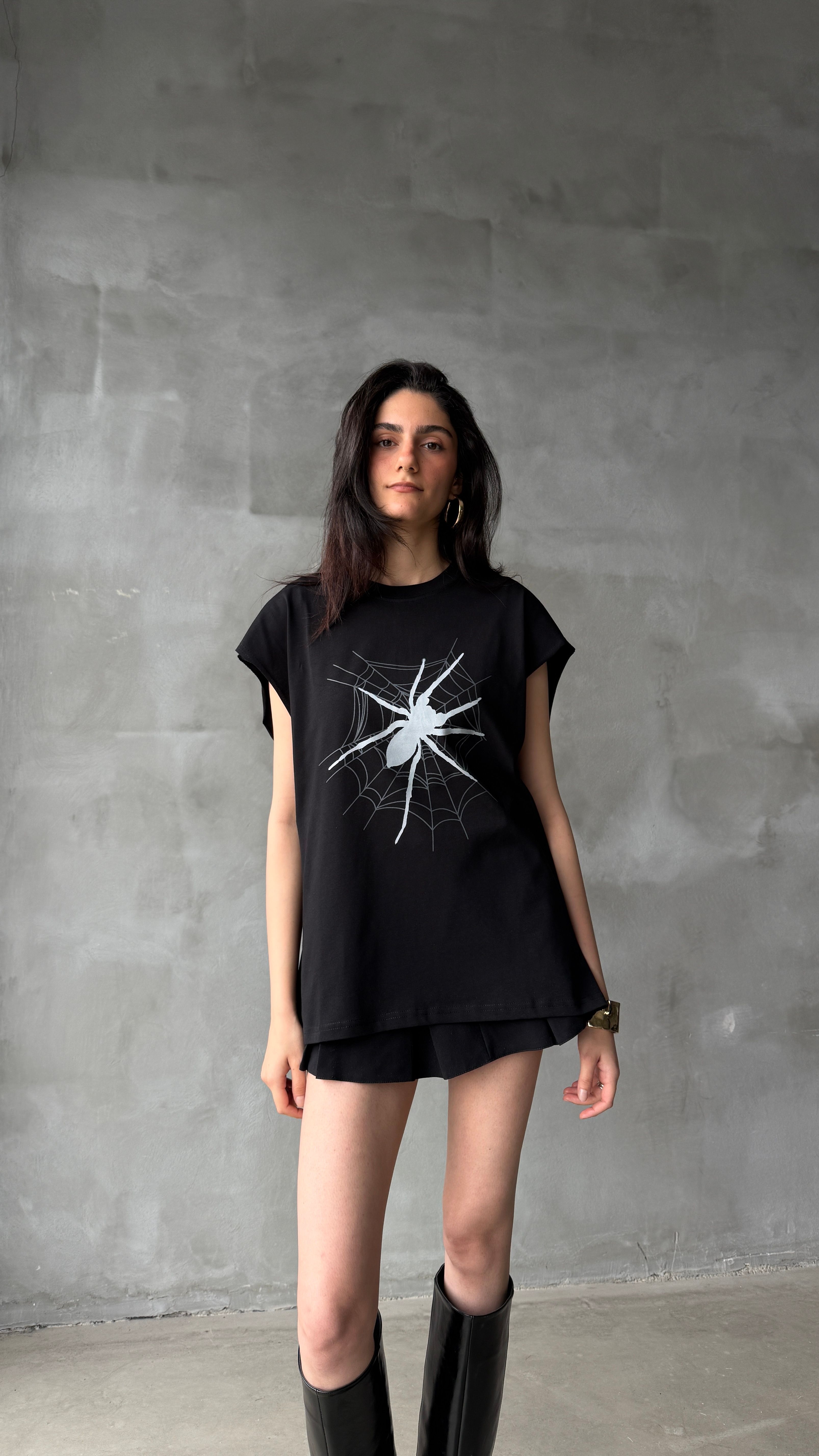 Spider Siyah Yarım Kol Oversize Tişört