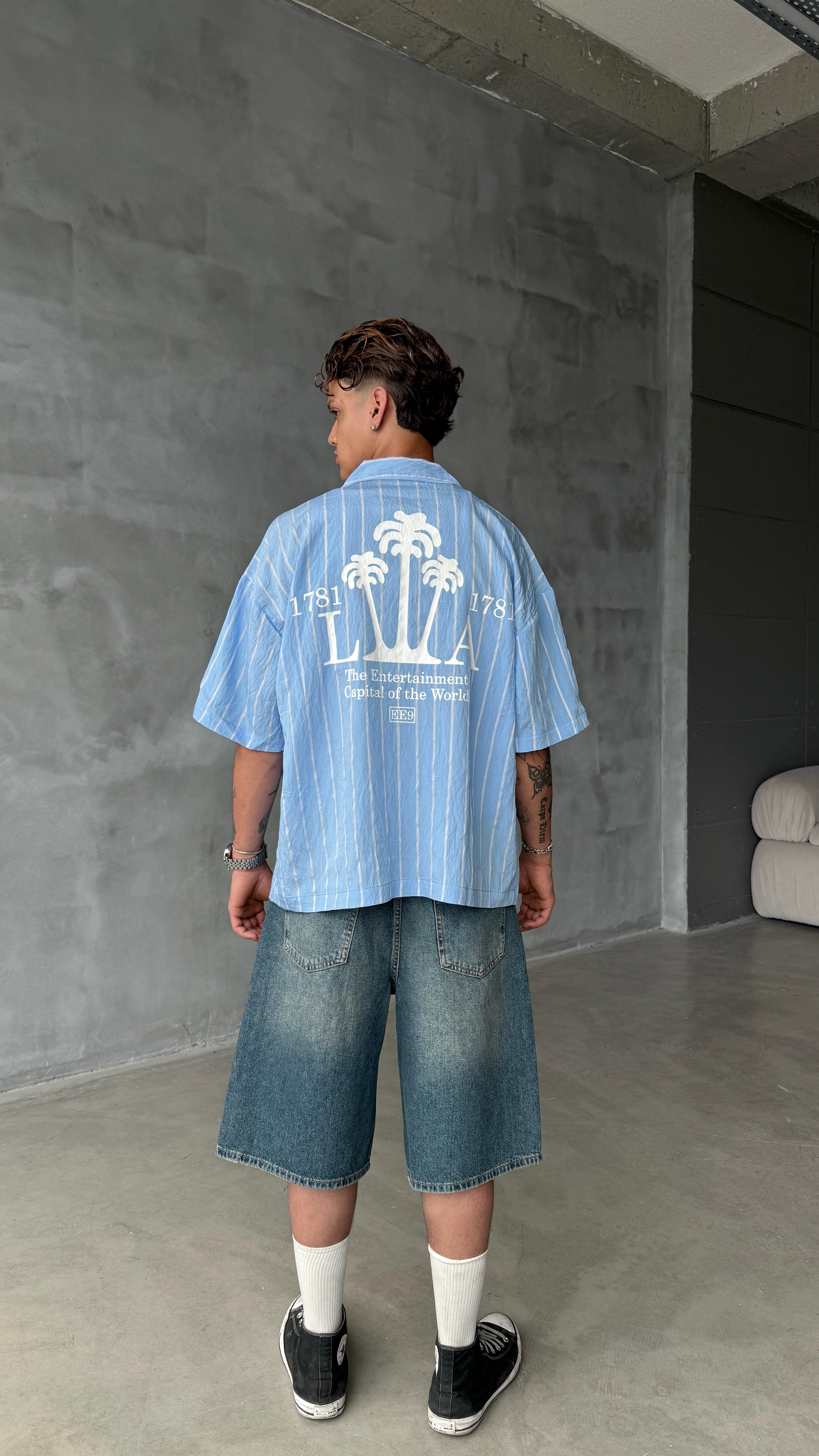 Mavi LA Çizgili Oversize Keten Gömlek