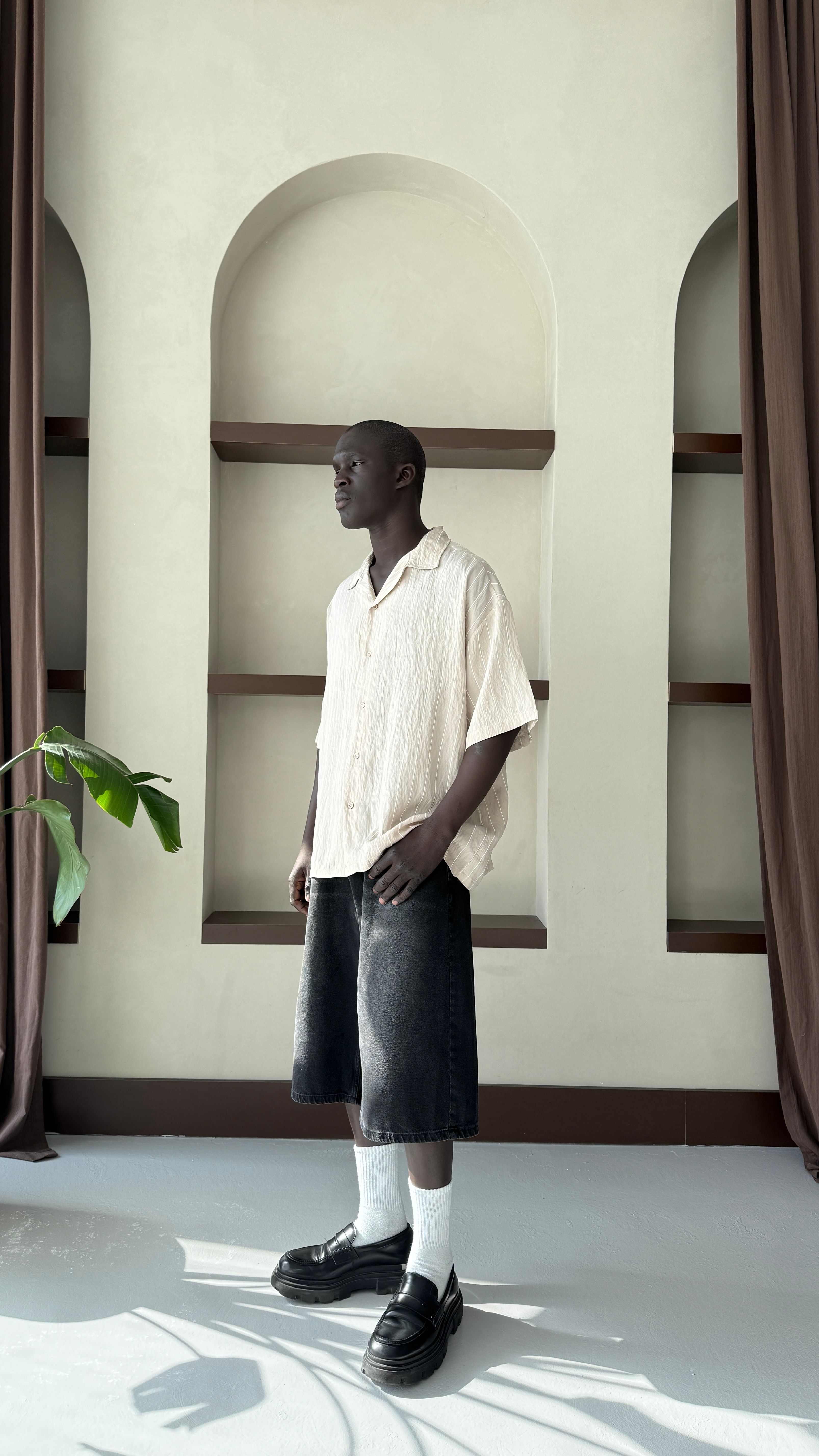 Krem Çizgili Oversize Keten Gömlek 