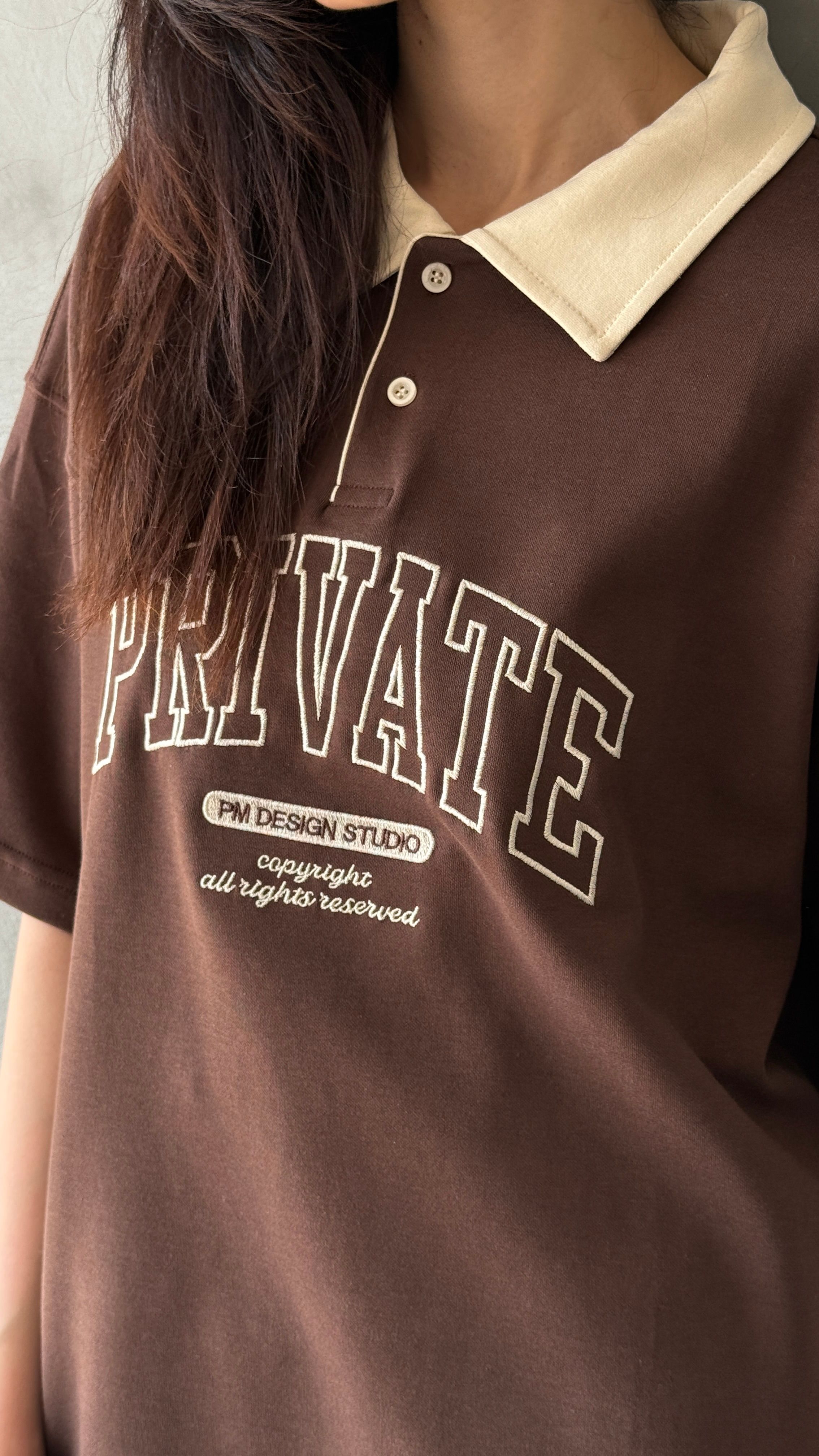 Kahve Private Polo Yaka Oversize Tişört 