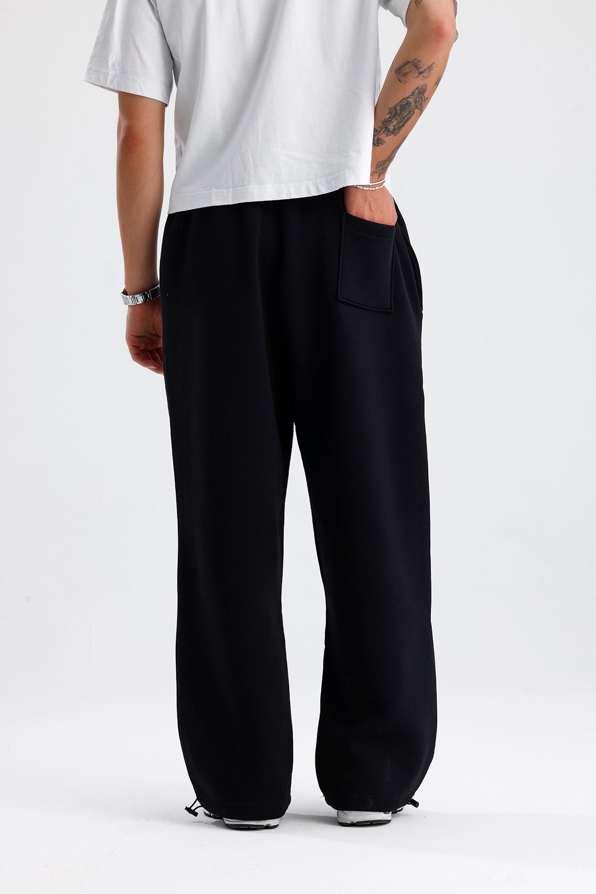 Siyah Basic Kışlık Kumaş Paçası Ayarlanabilir Baggy Eşofman