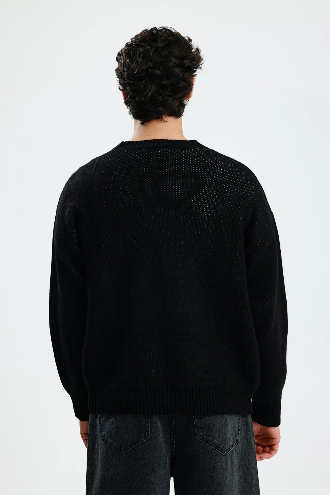 Siyah Steliez Premium Boxy Fit Oversize Triko Kazak