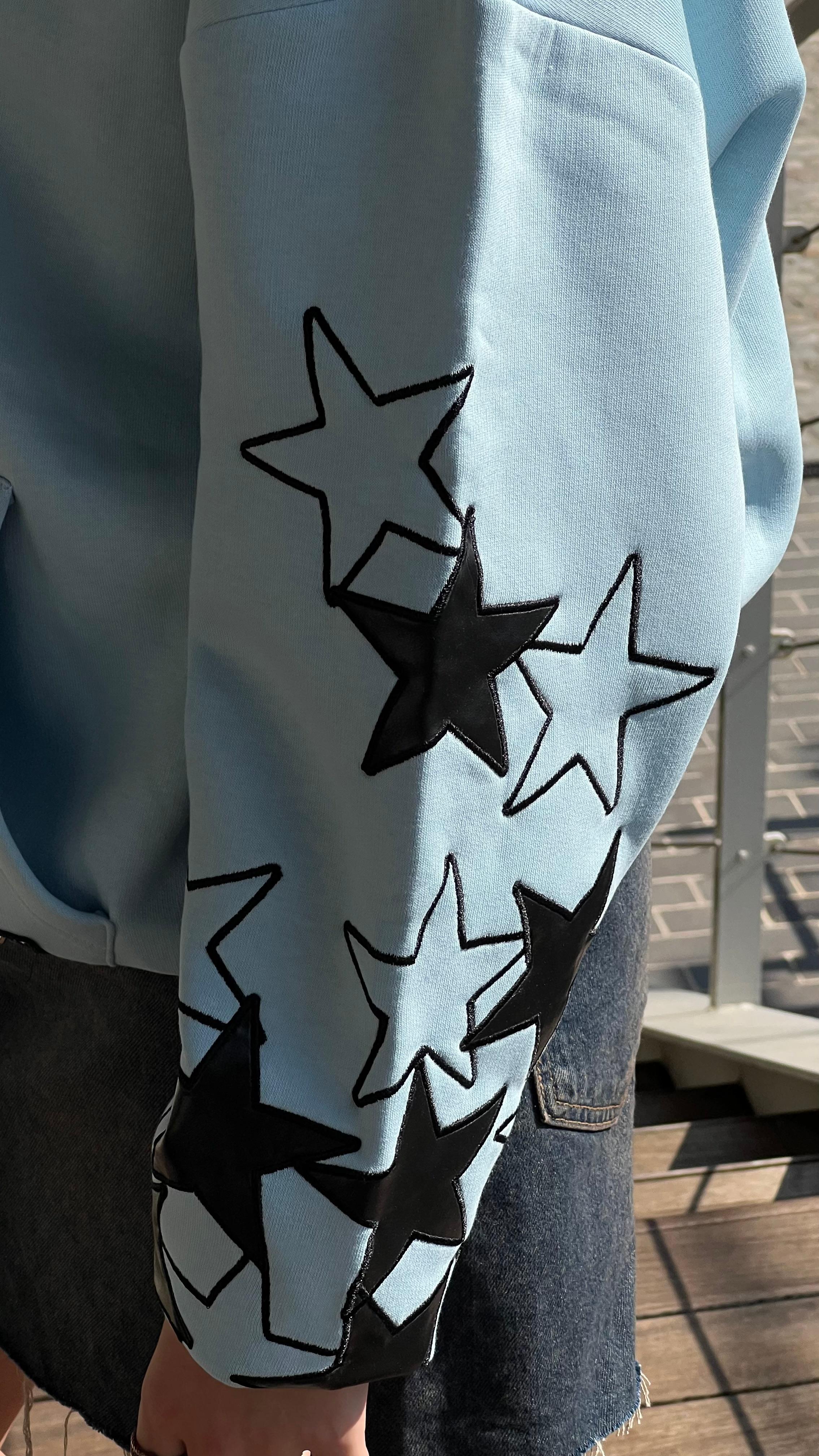 RW Baby Blue Patch Stars Oversize Zipper Hoodie 