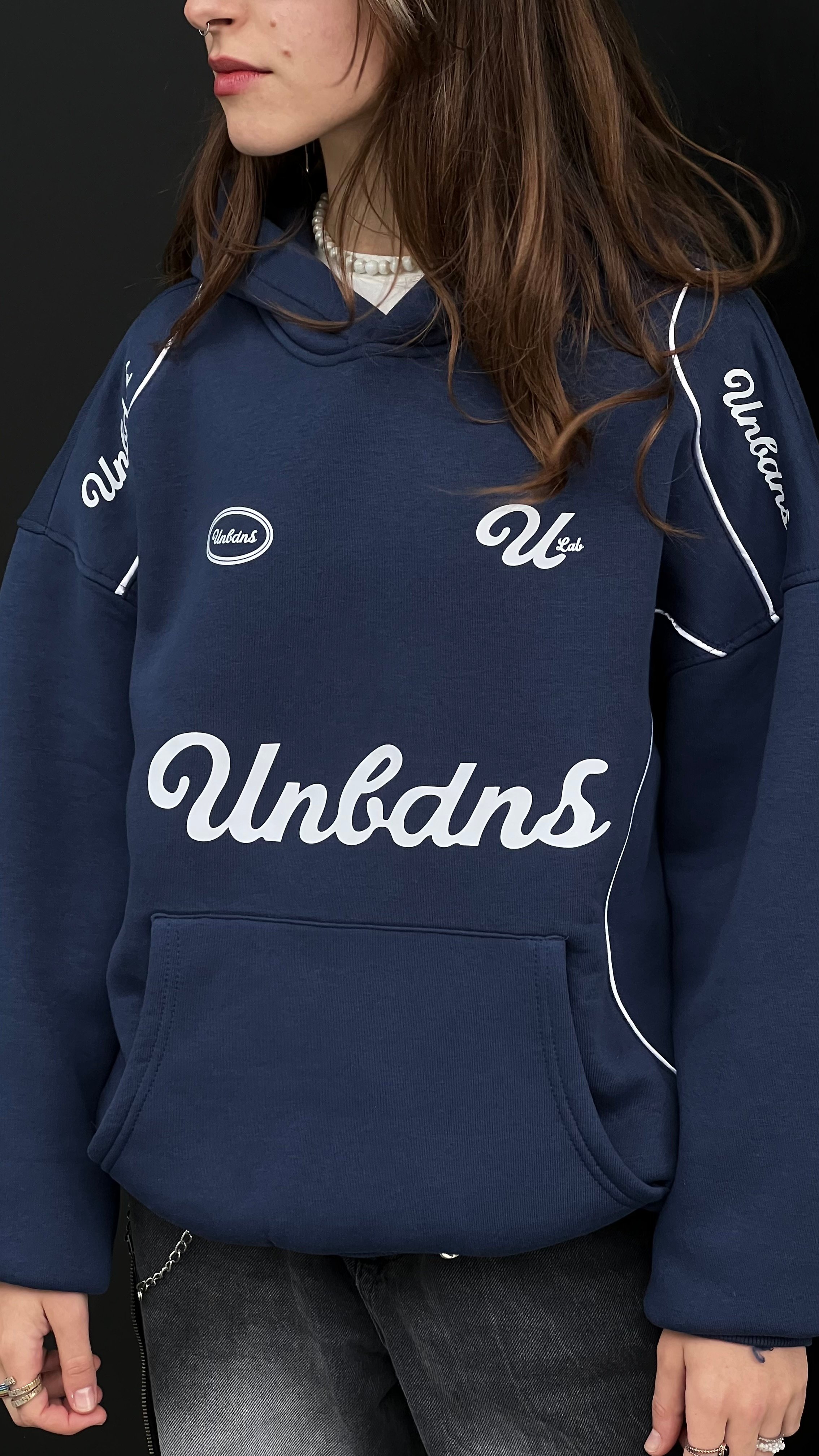 Unldns İndigo Şerit Detay Oversize Hoodie