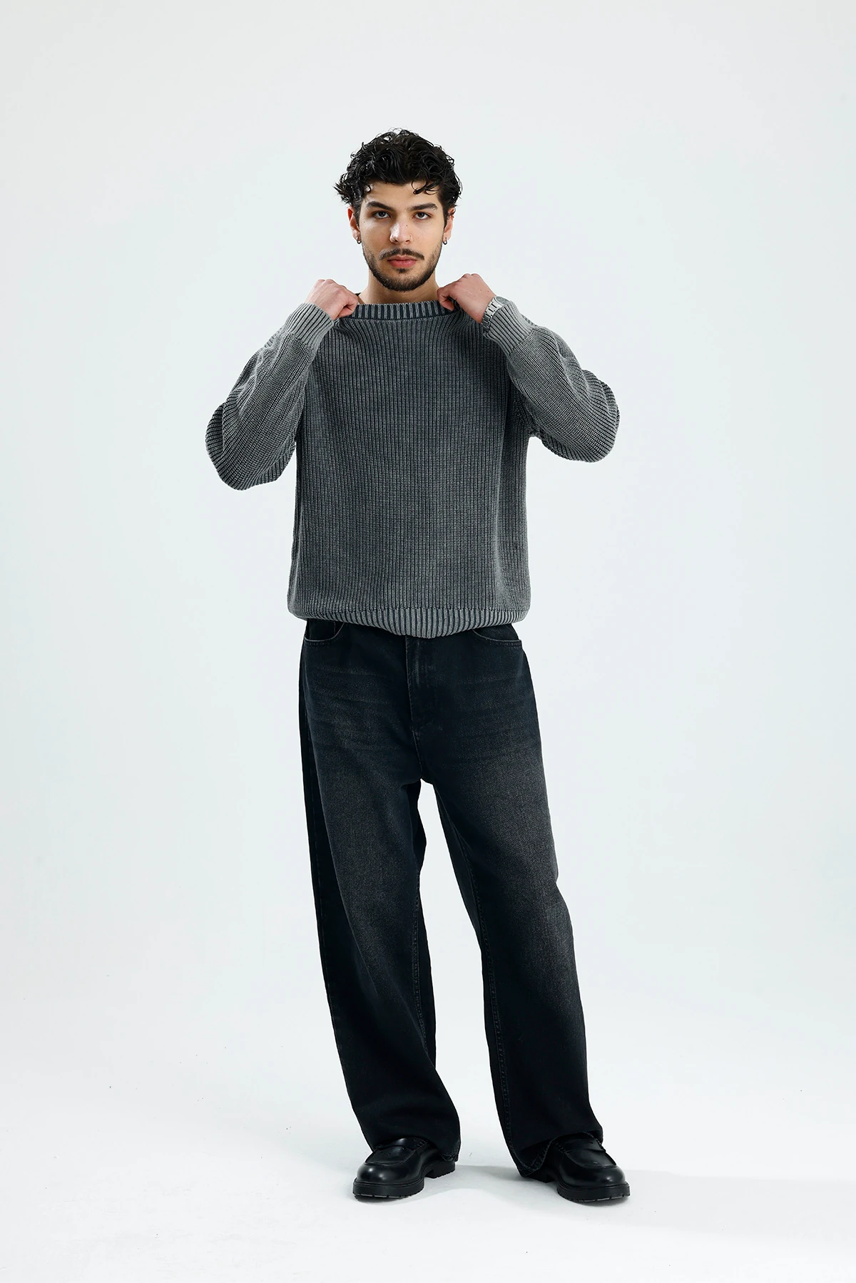 Basic Antrasit Yıkamalı Boxy Fit Oversize Örgü Kazak