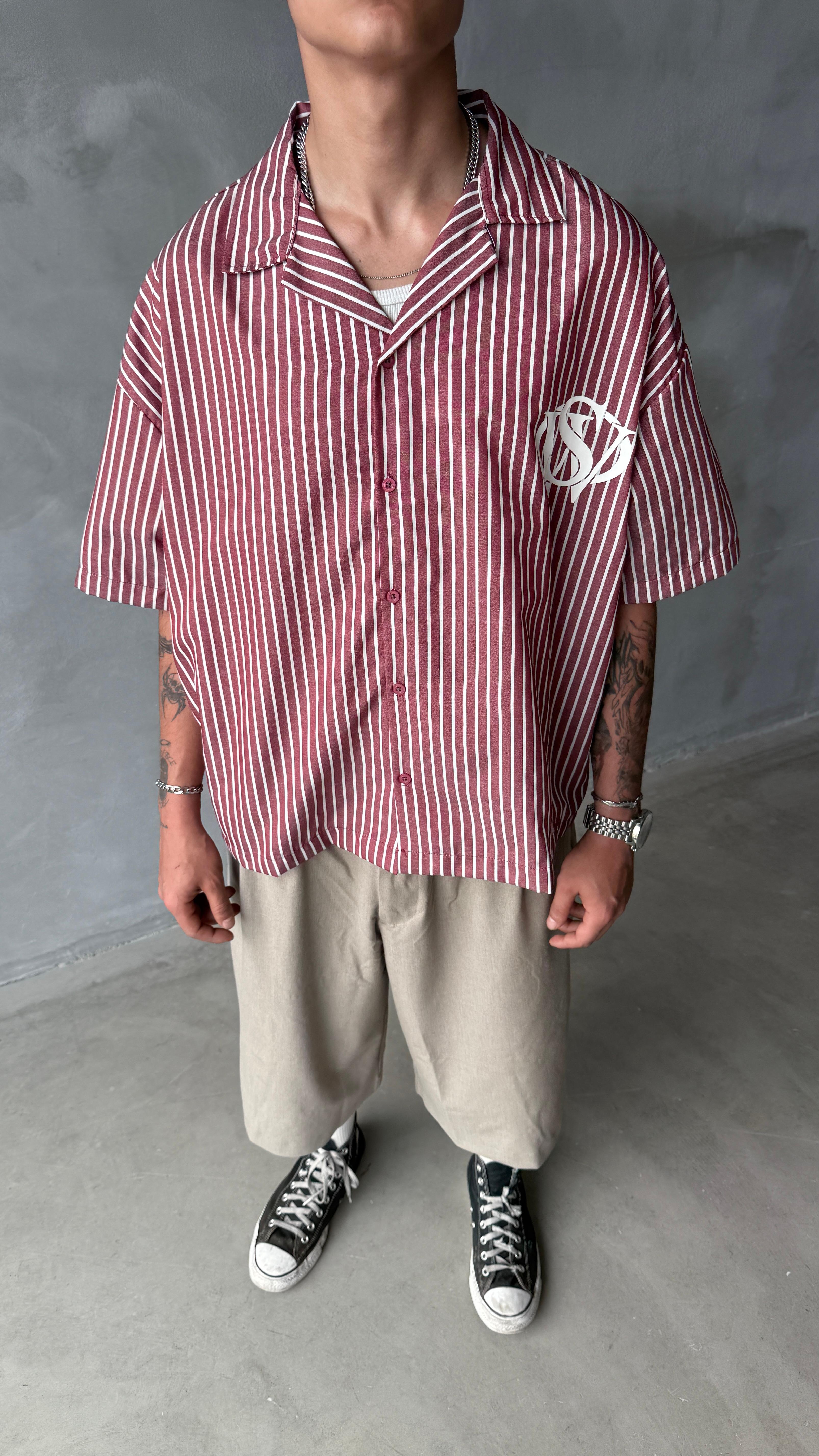 VSV Bordo Çizgili Oversize Gömlek 