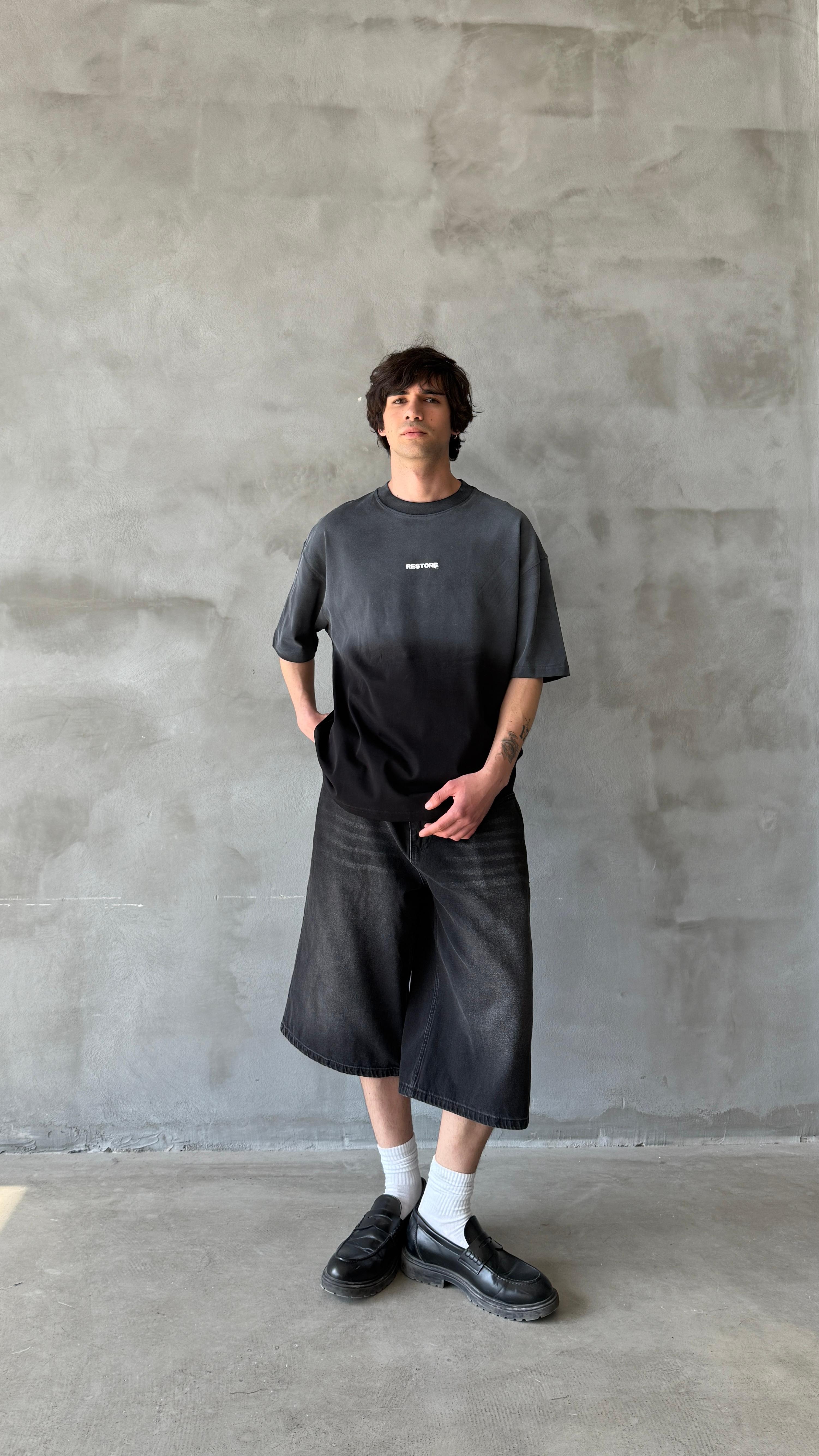 Antrasit Restore Yıkamalı Oversize Tişört 