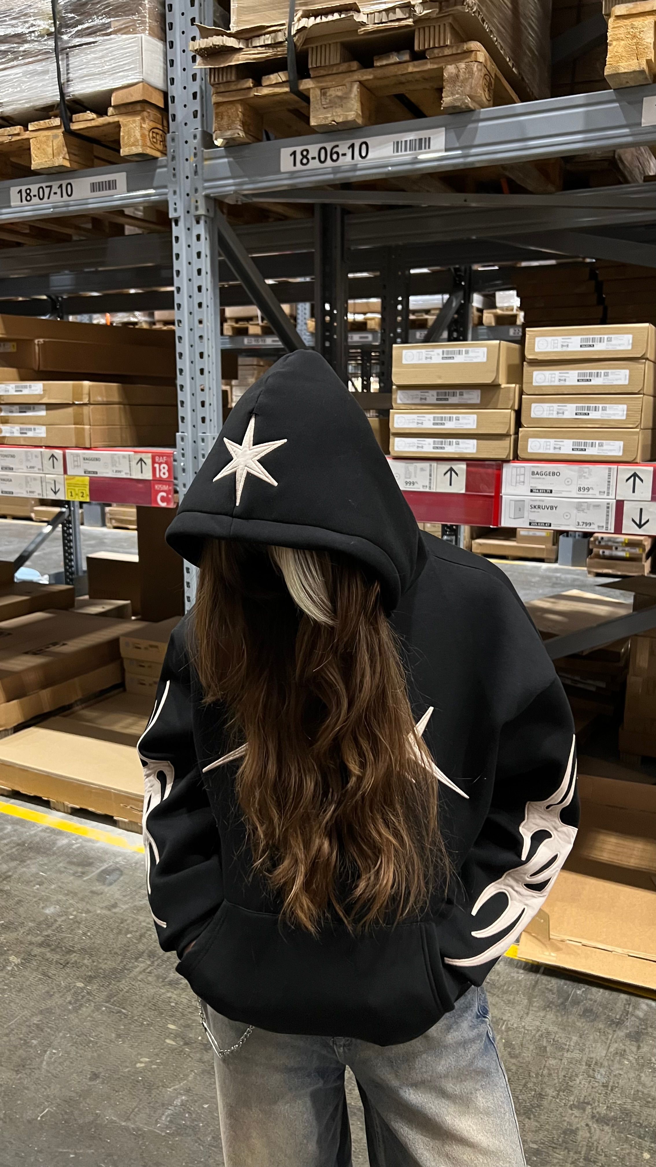 Siyah Tribal Nakış İşlemeli Oversize Hoodie 