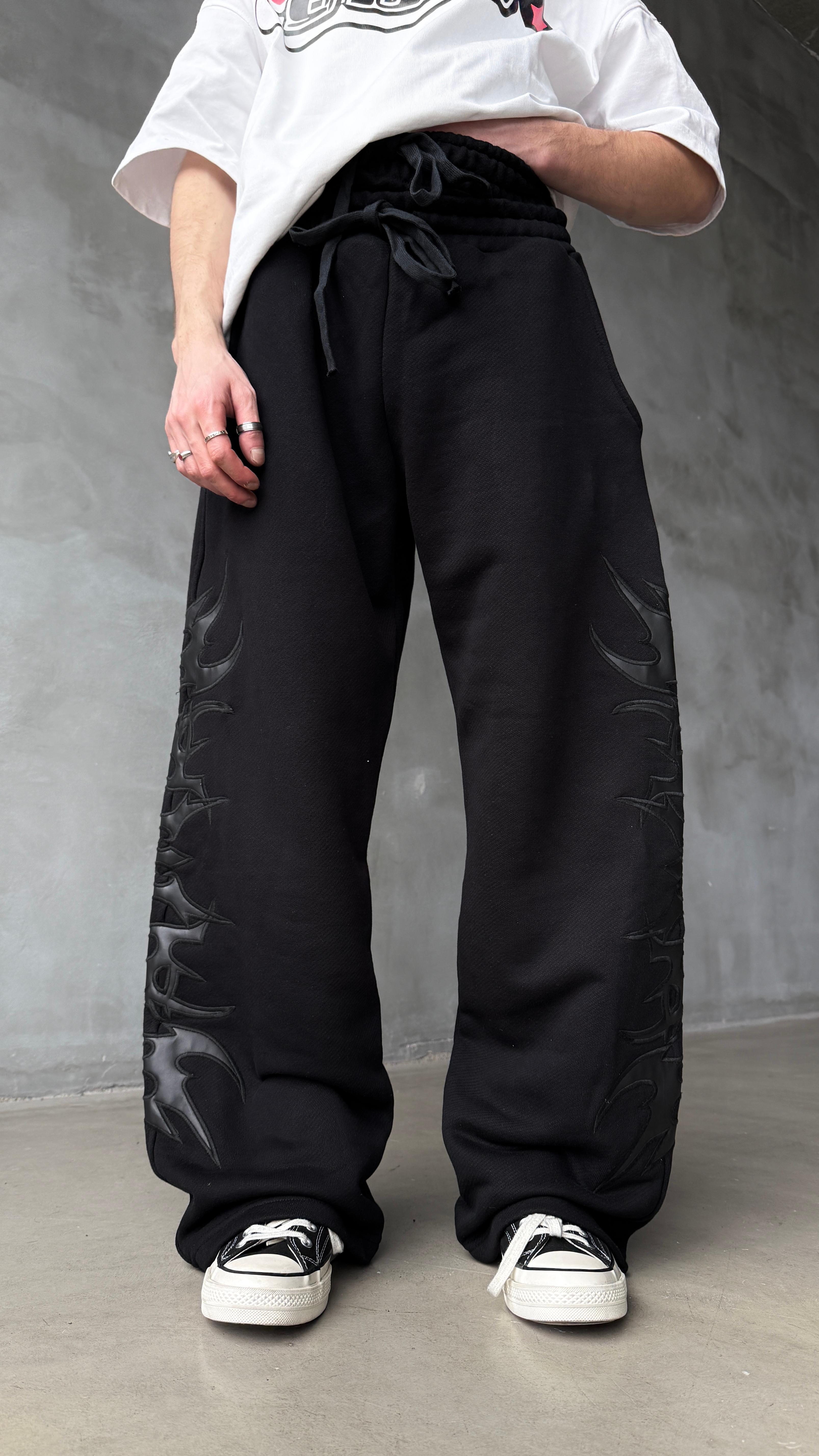 Siyah Tribal Deri Detay Double Waist Premium Baggy Sweatpant 
