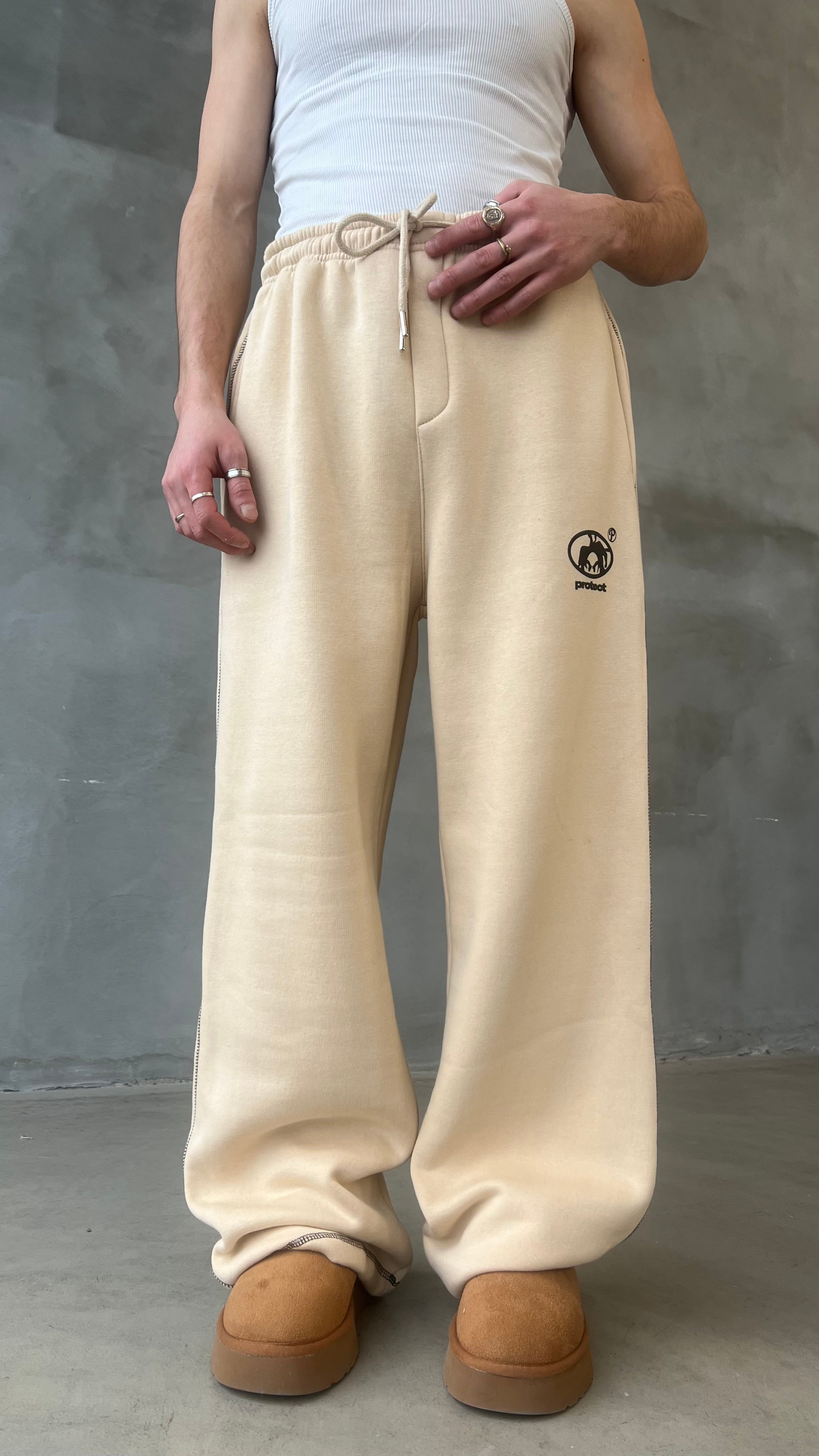 Krem Karyoka Detay Paçası Ayarlanabilir Baggy Sweat Pant