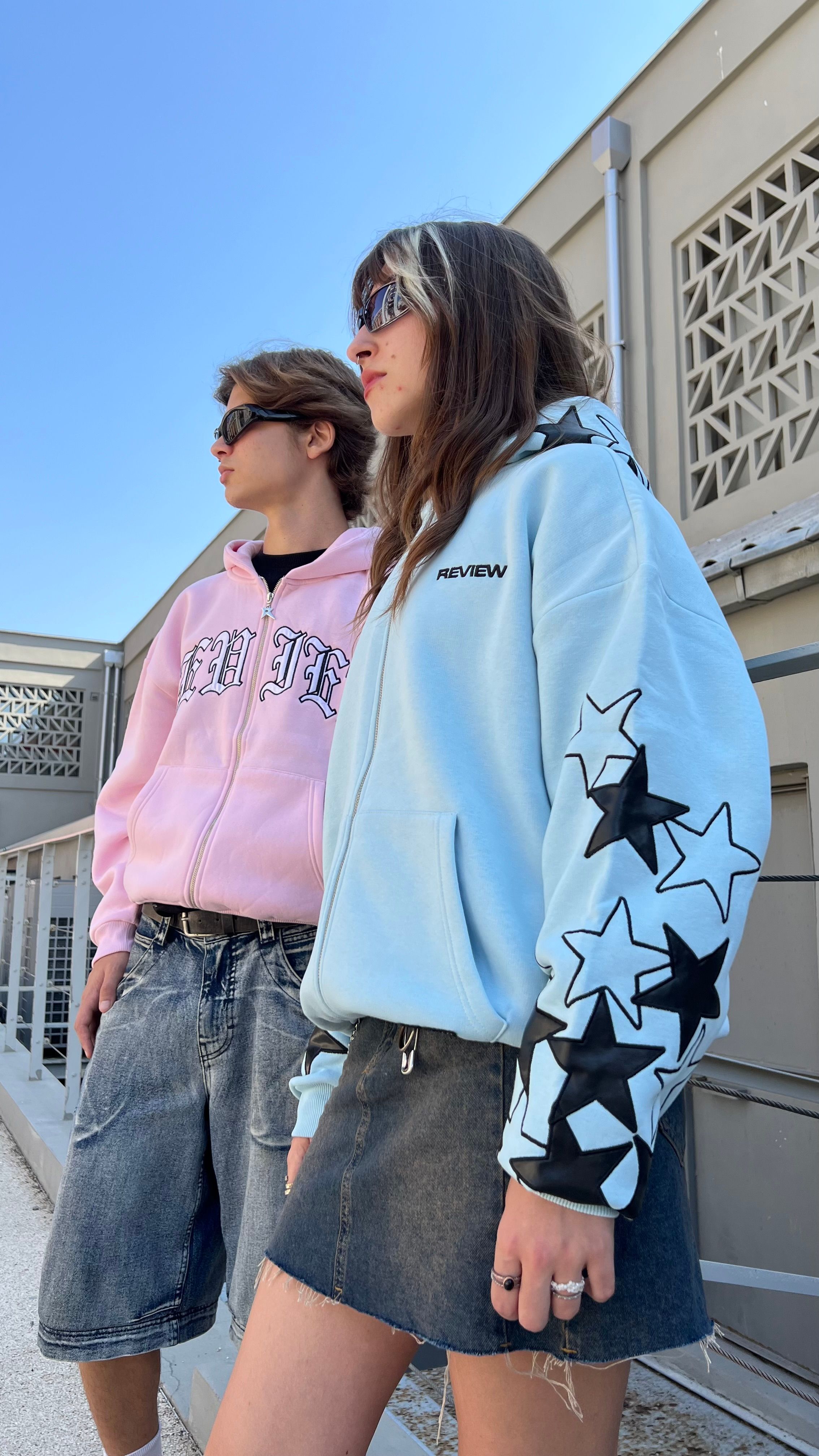 RW Baby Blue Patch Stars Oversize Zipper Hoodie 