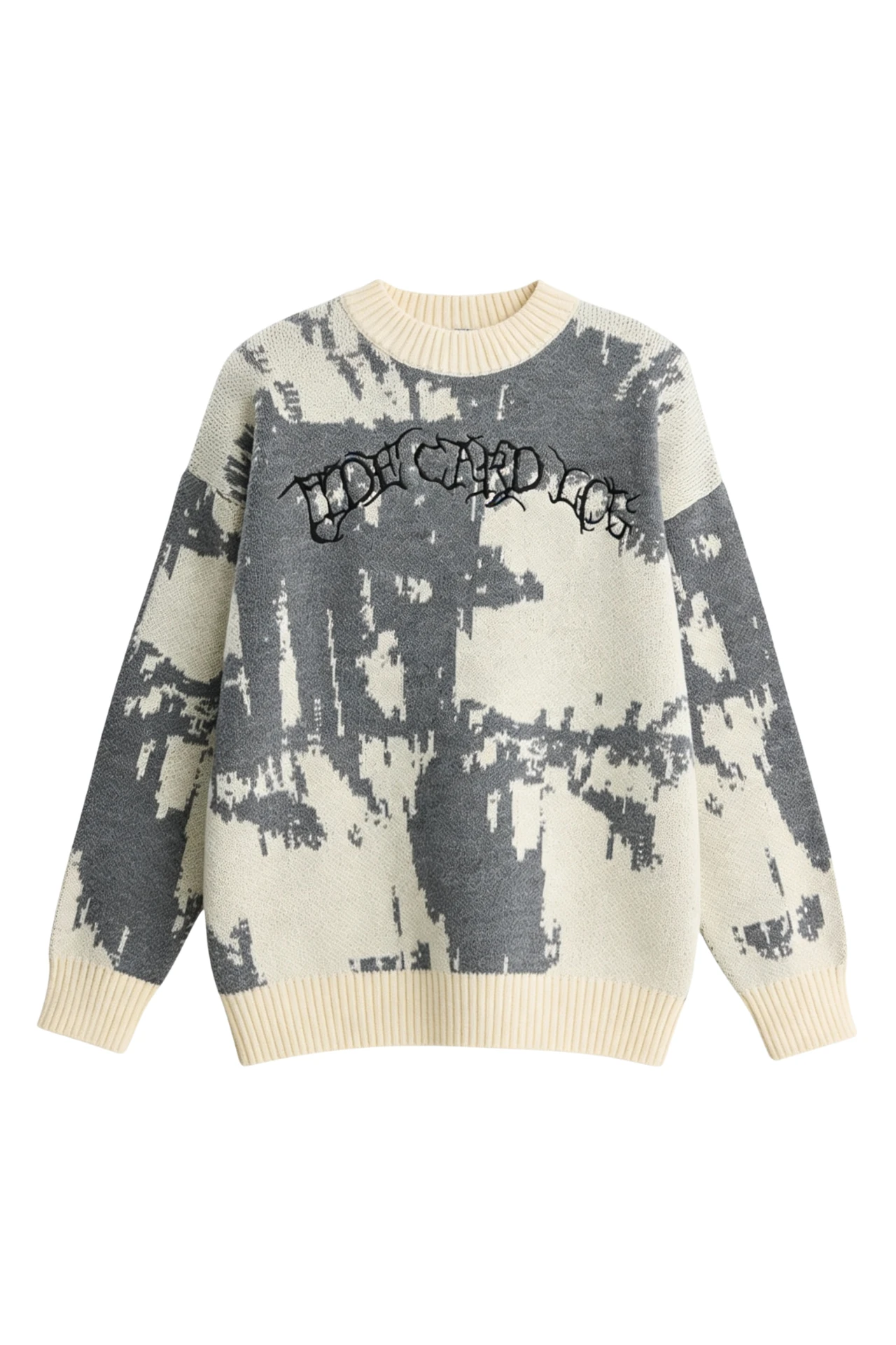 Krem Glitch Nakış Detay Premium Yıkamalı Oversize Triko Kazak