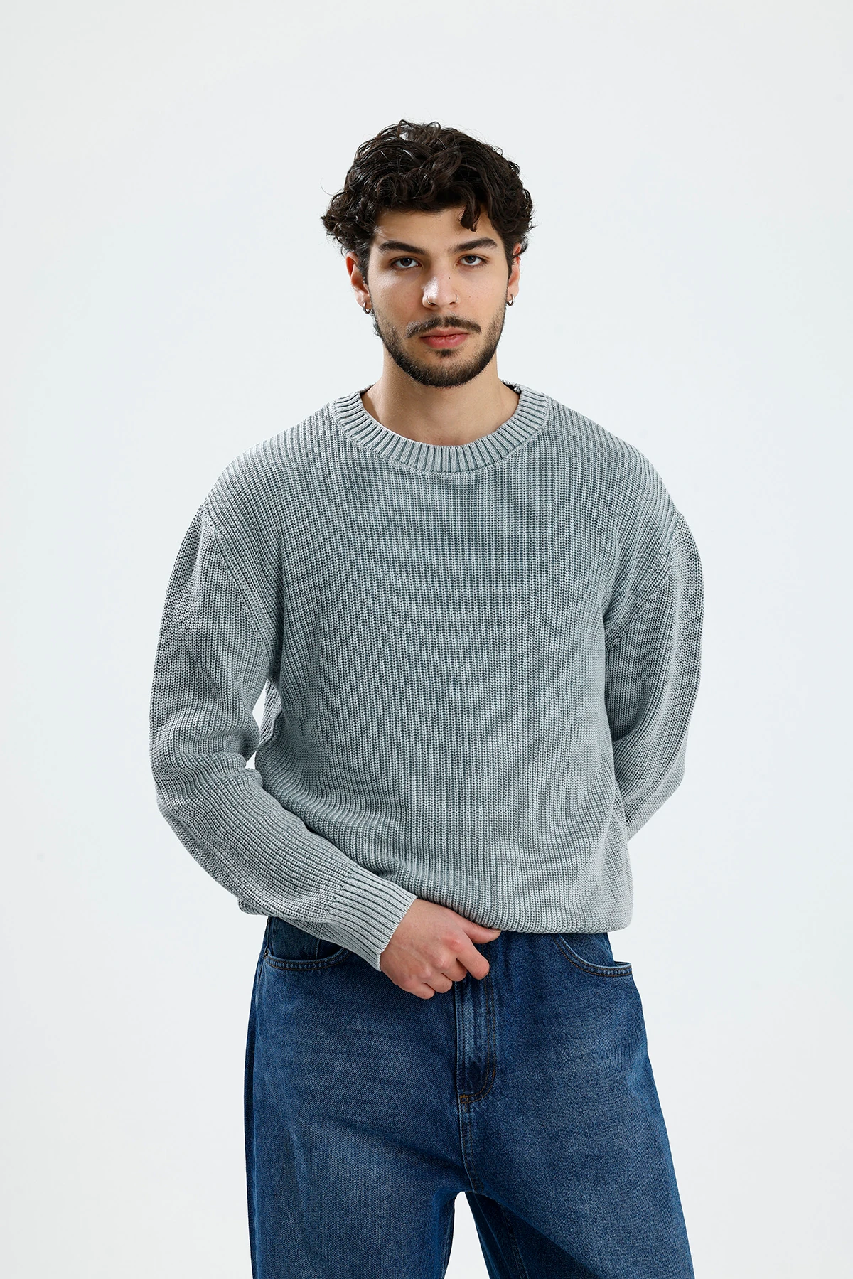 Basic Gri Yıkamalı Boxy Fit Oversize Kazak