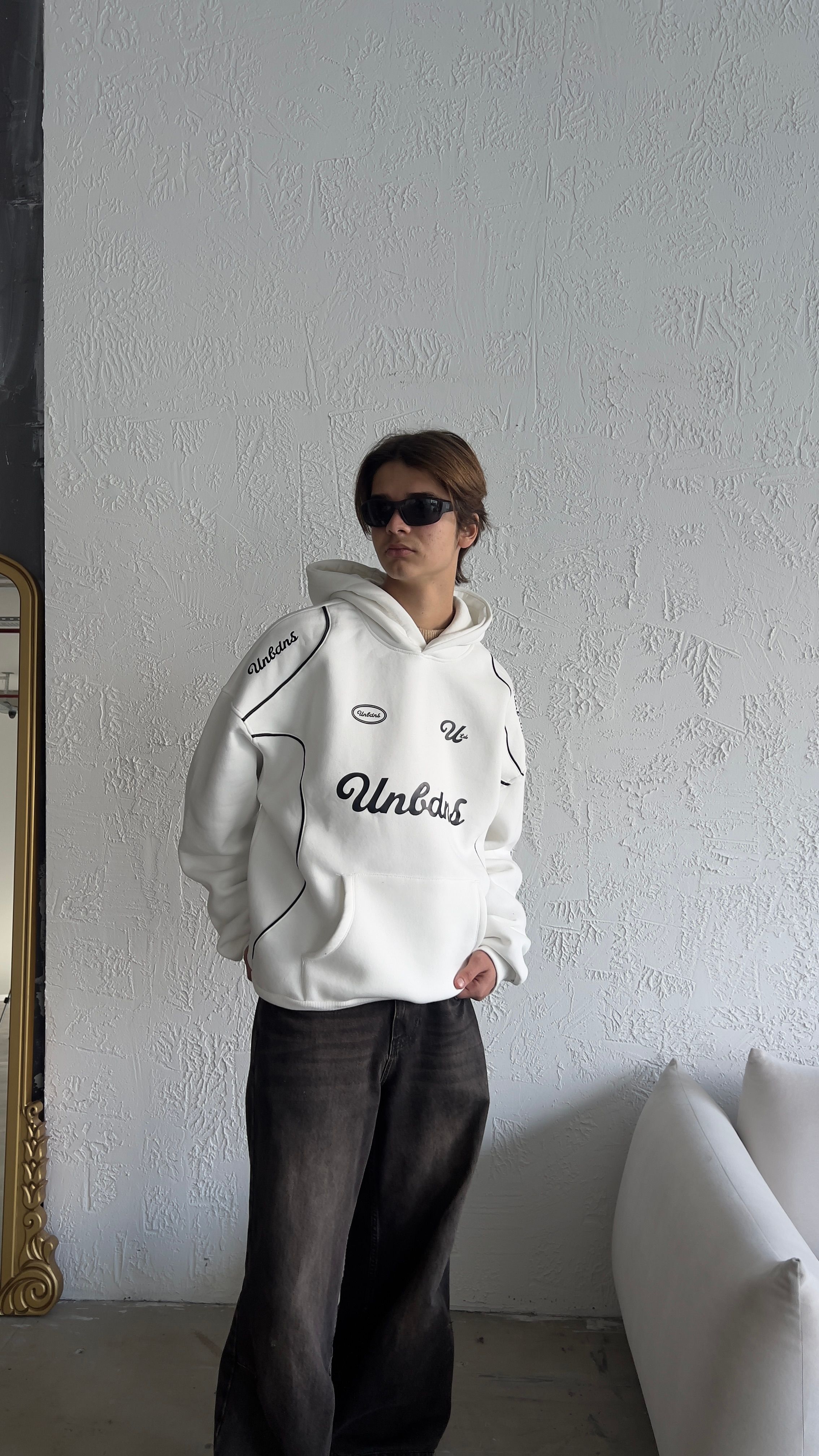 Unldns Beyaz Şerit Detay Oversize Hoodie