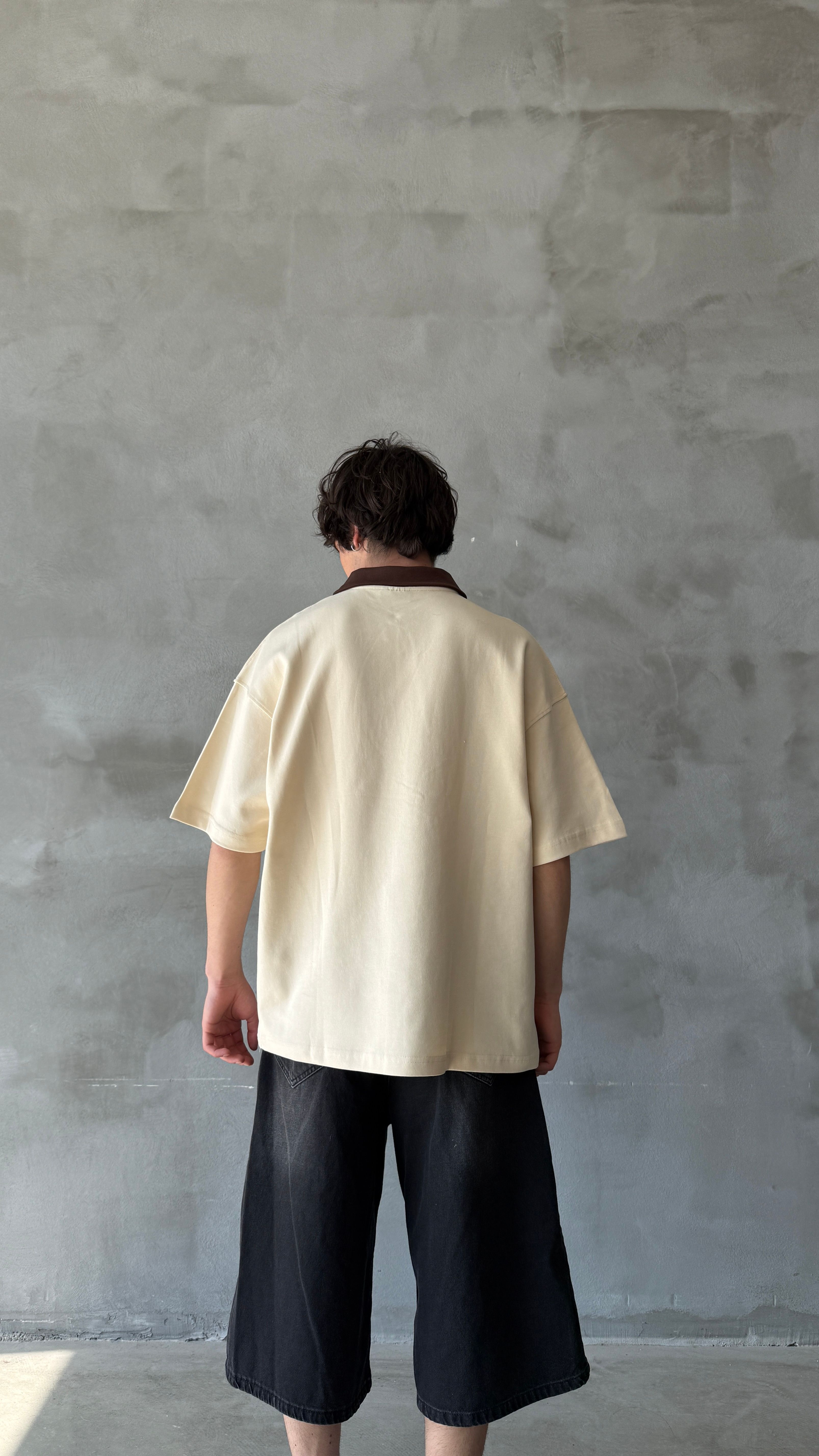 Krem Private Polo Yaka Oversize Tişört 