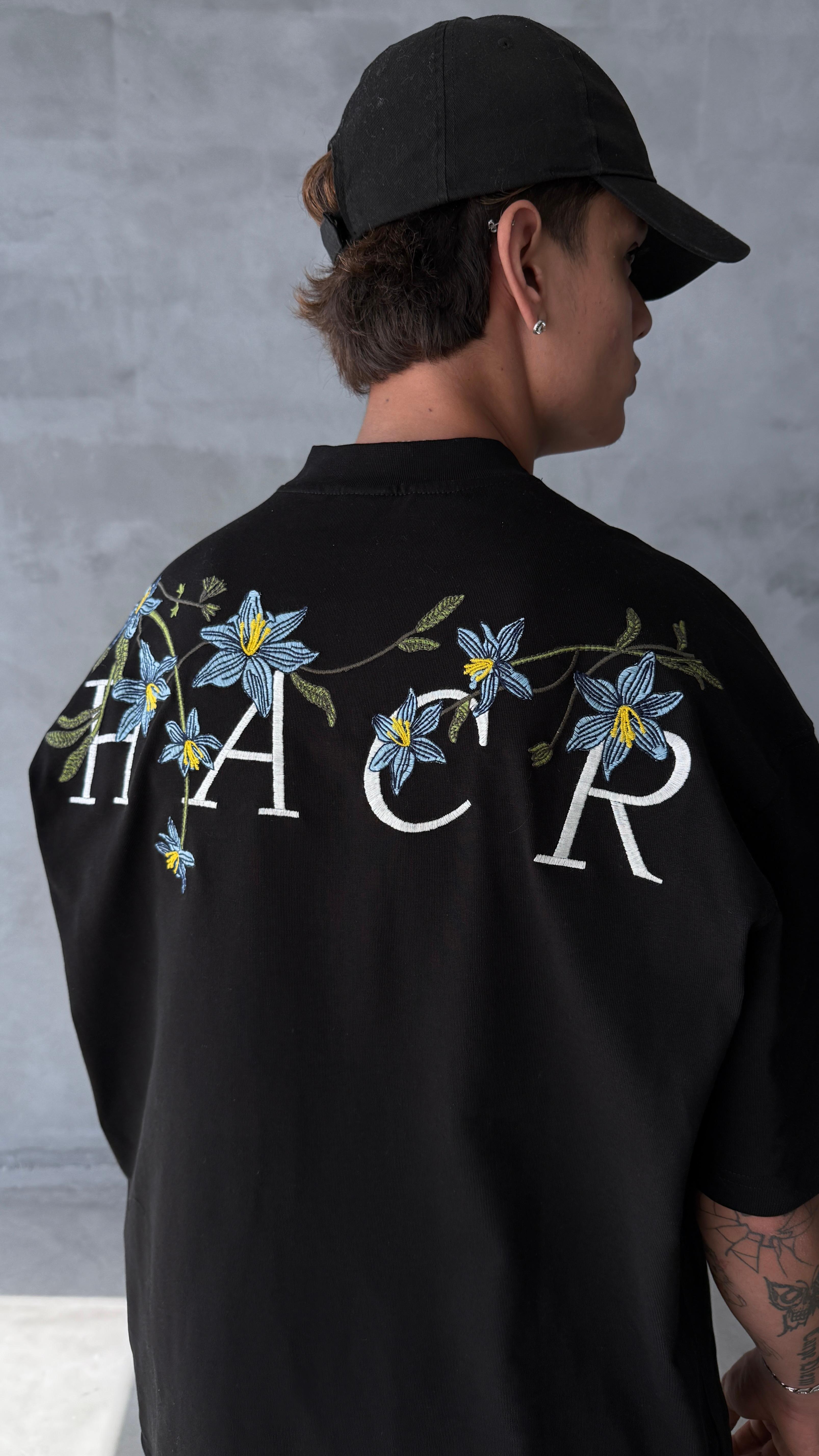 Siyah HACR Nakış Detay Premium Oversize Tişört 