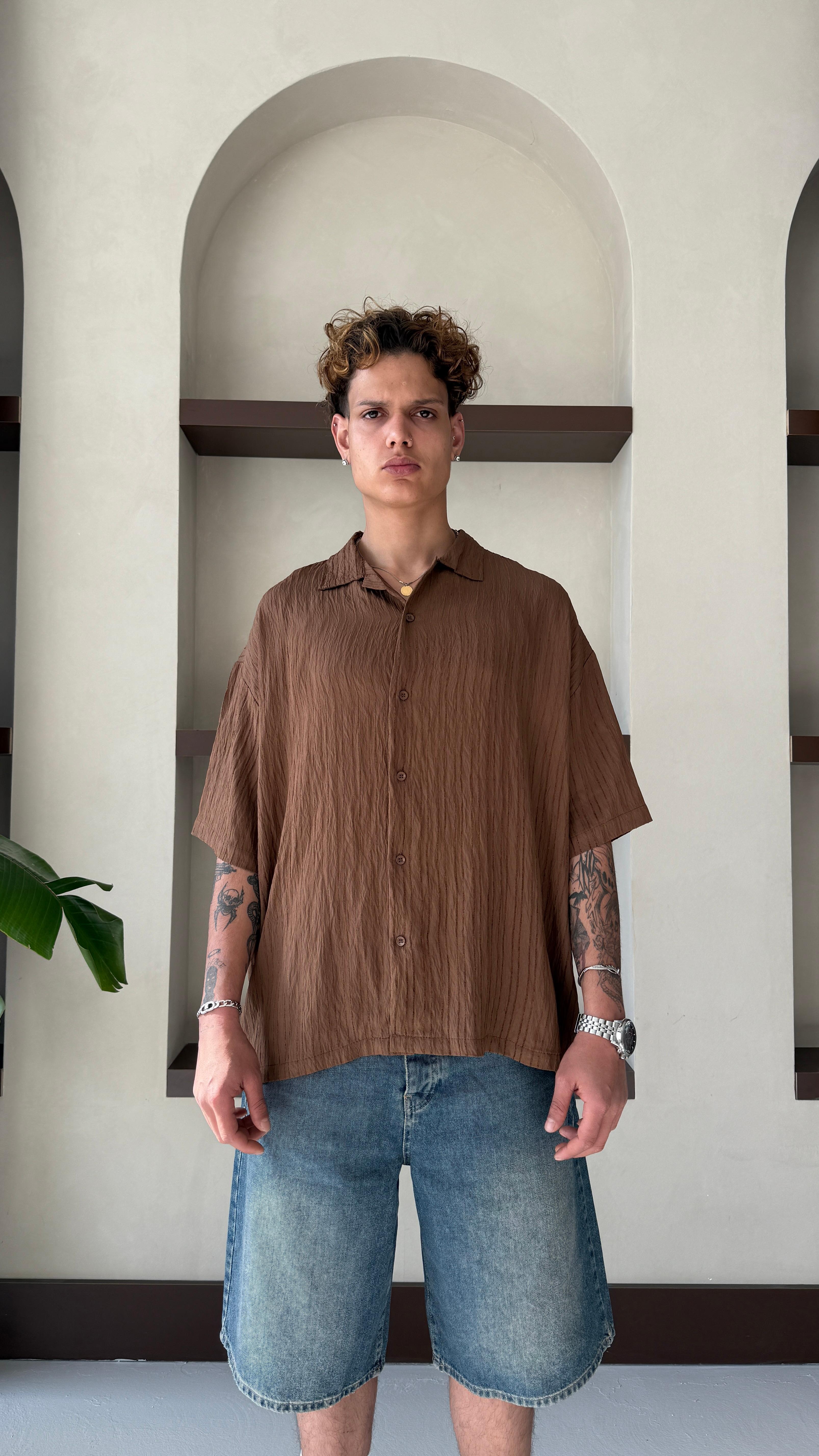 Kahve Basic Oversize Keten Gömlek