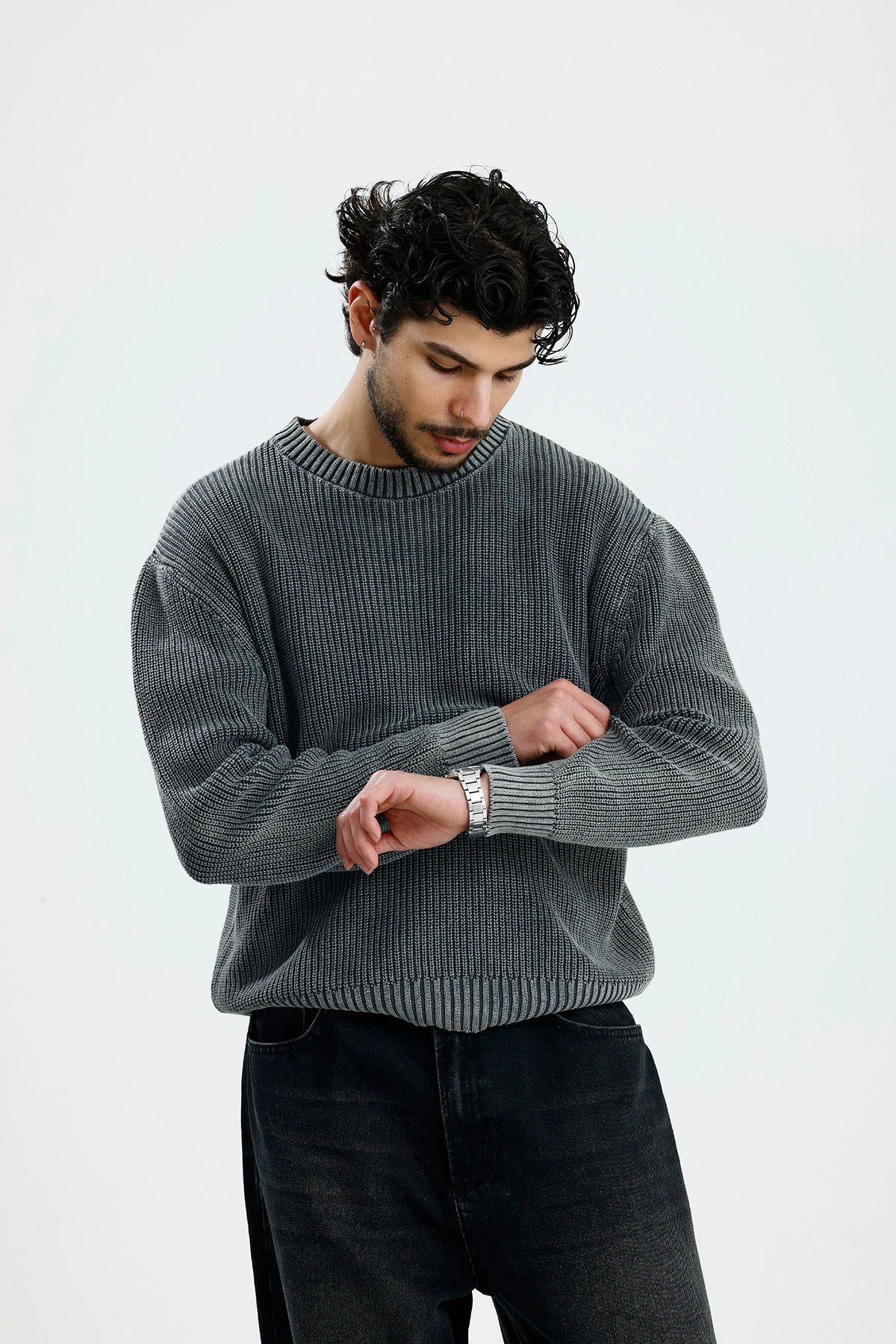 Basic Antrasit Yıkamalı Boxy Fit Oversize Örgü Kazak