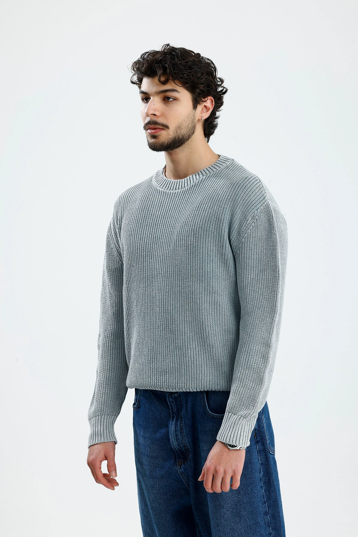 Basic Gri Yıkamalı Boxy Fit Oversize Kazak