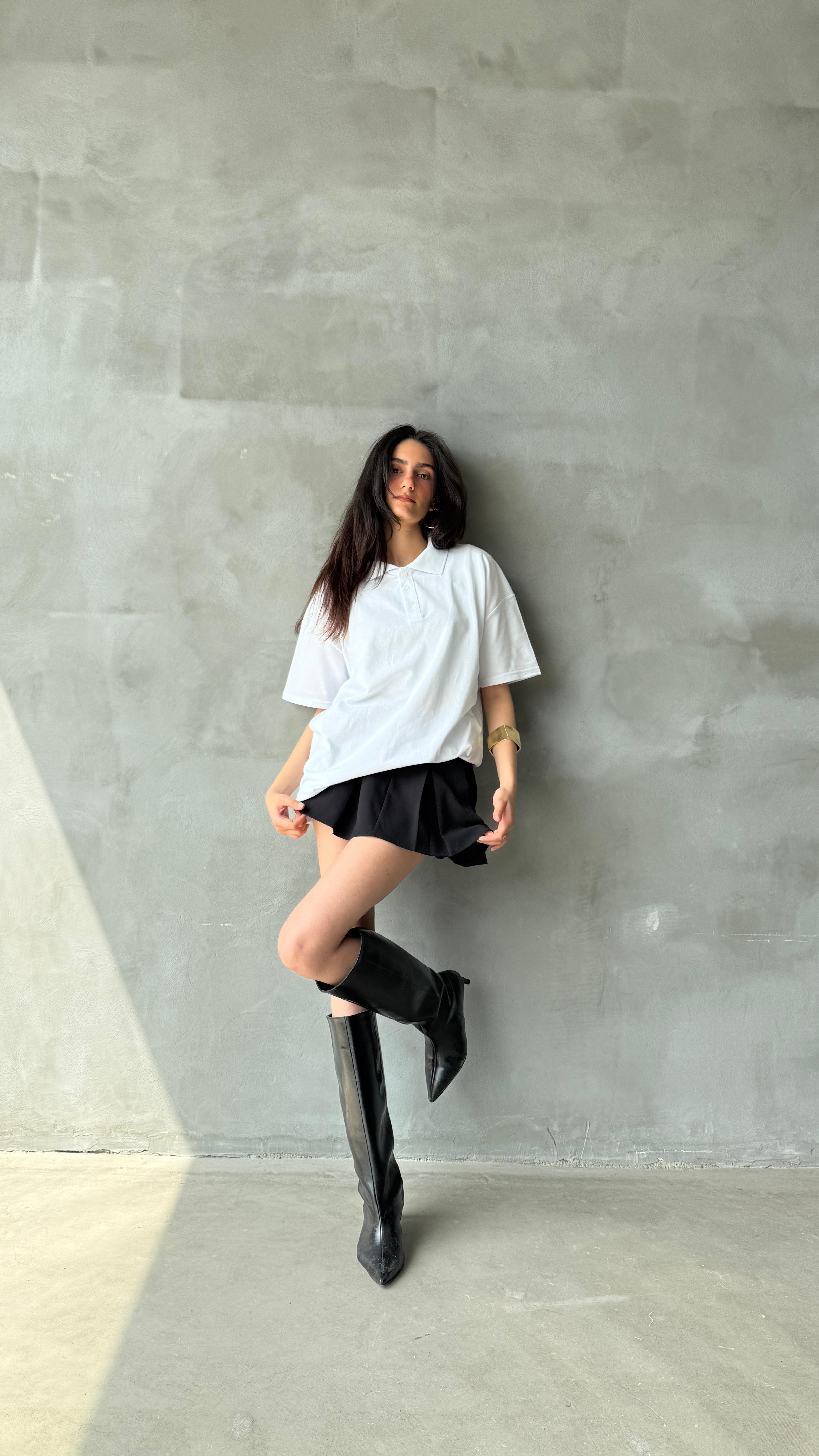 Beyaz Polo Yaka Oversize Comfort Fit Tişört 