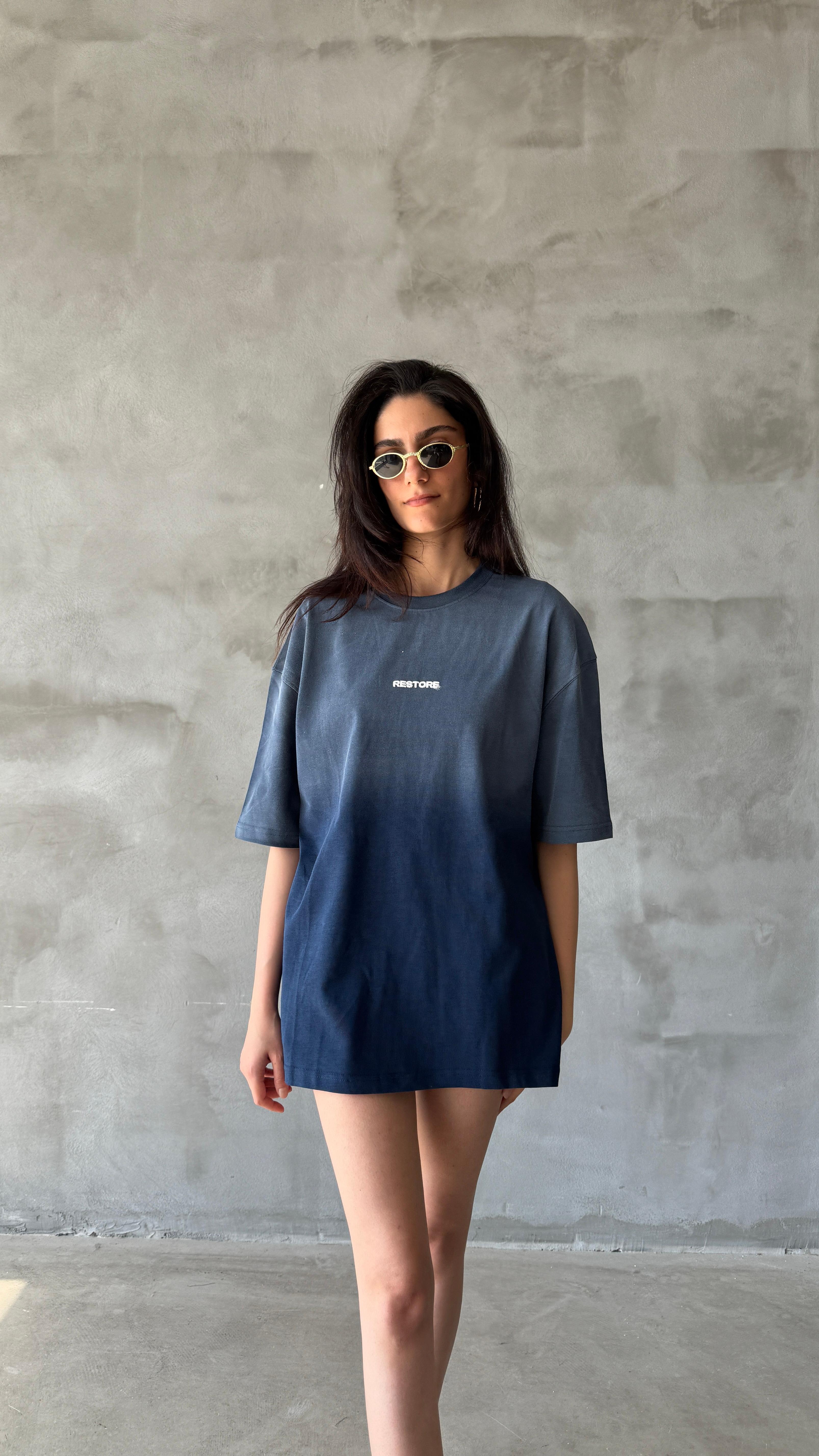 Lacivert Restore Yıkamalı Oversize Tişört 