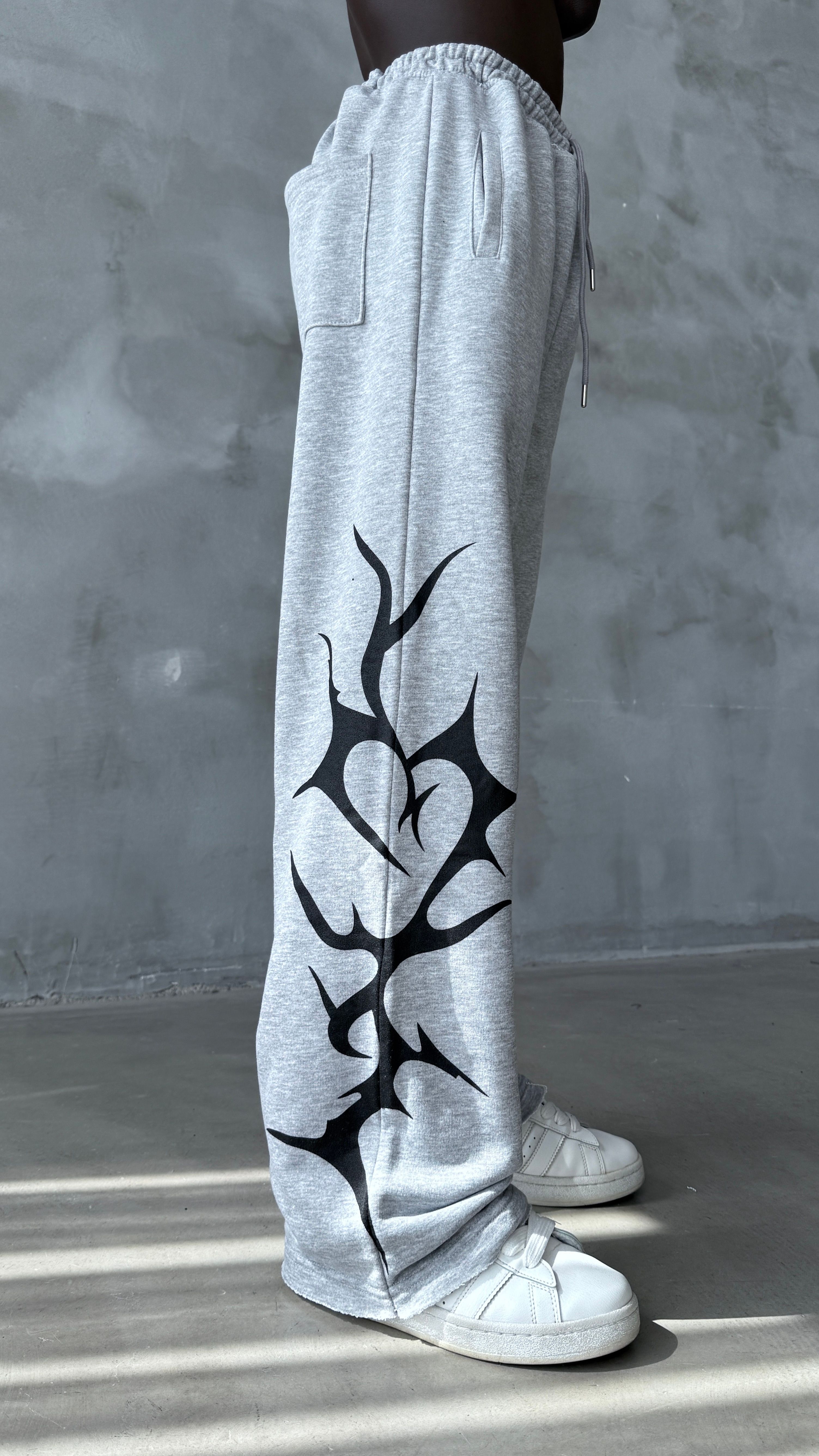 Gri Mevsimlik Tribal Baskılı Baggy Eşofman