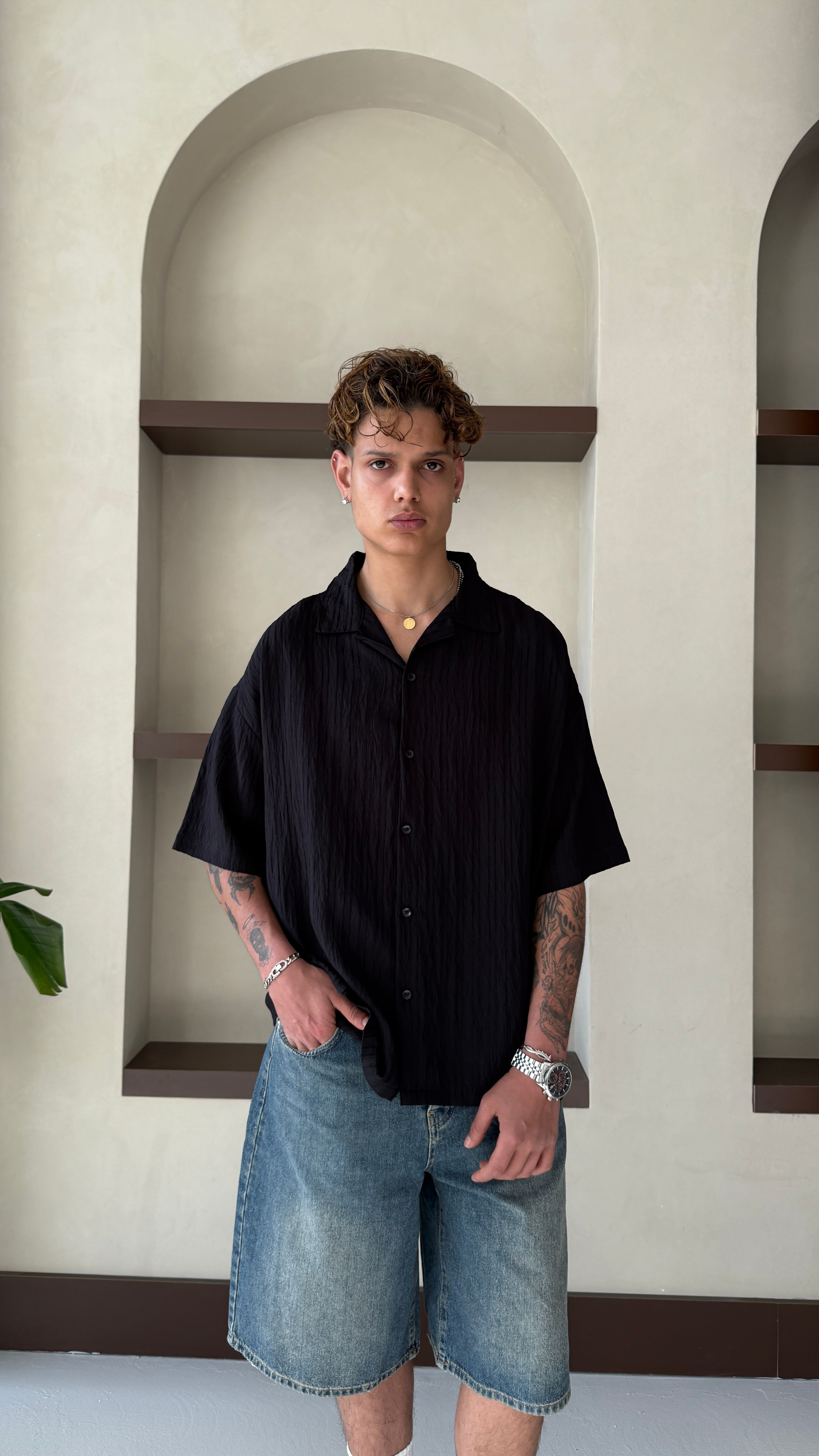 Siyah Basic Oversize Keten Gömlek 