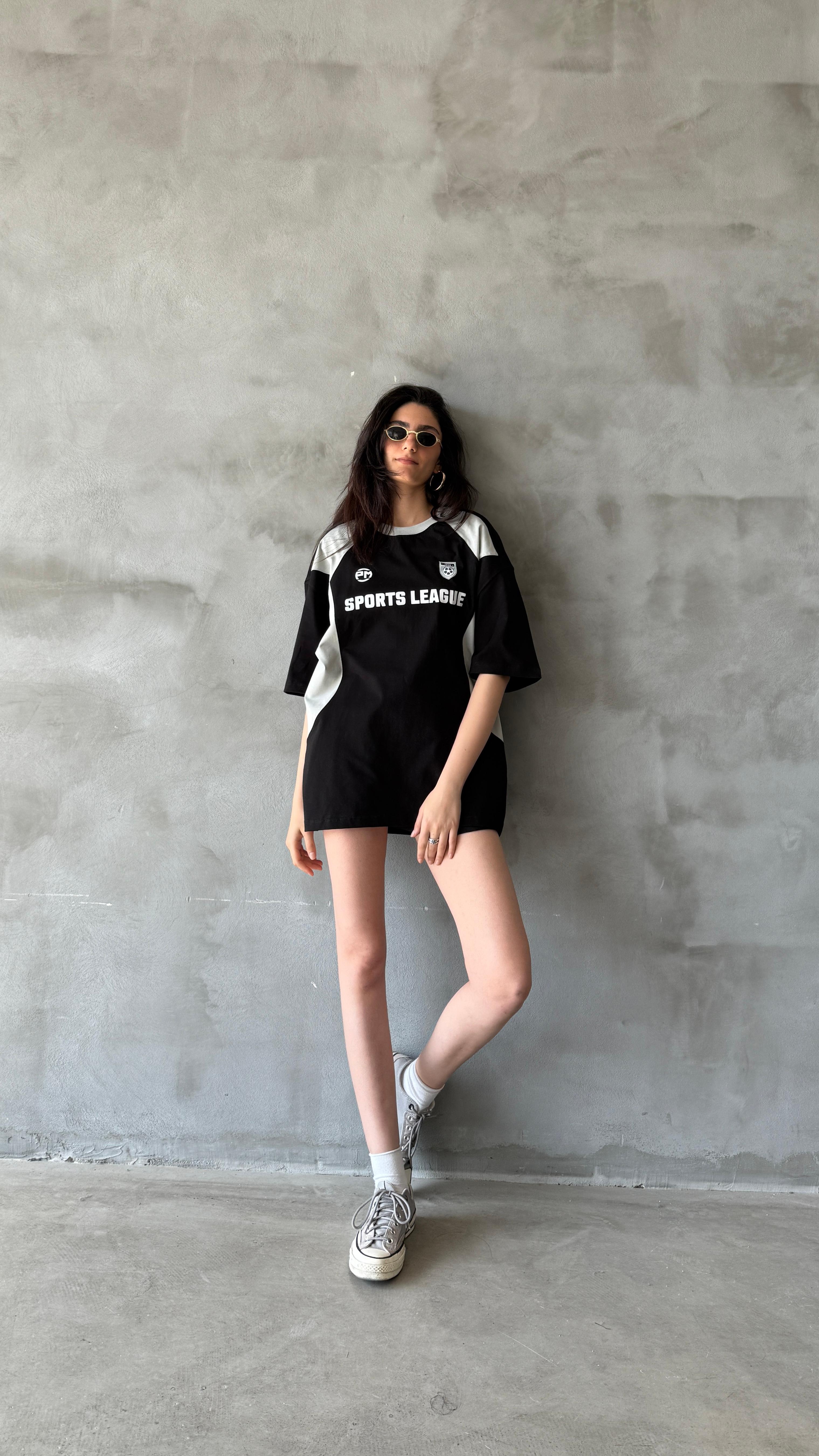 Siyah Sports League Oversize Tişört 