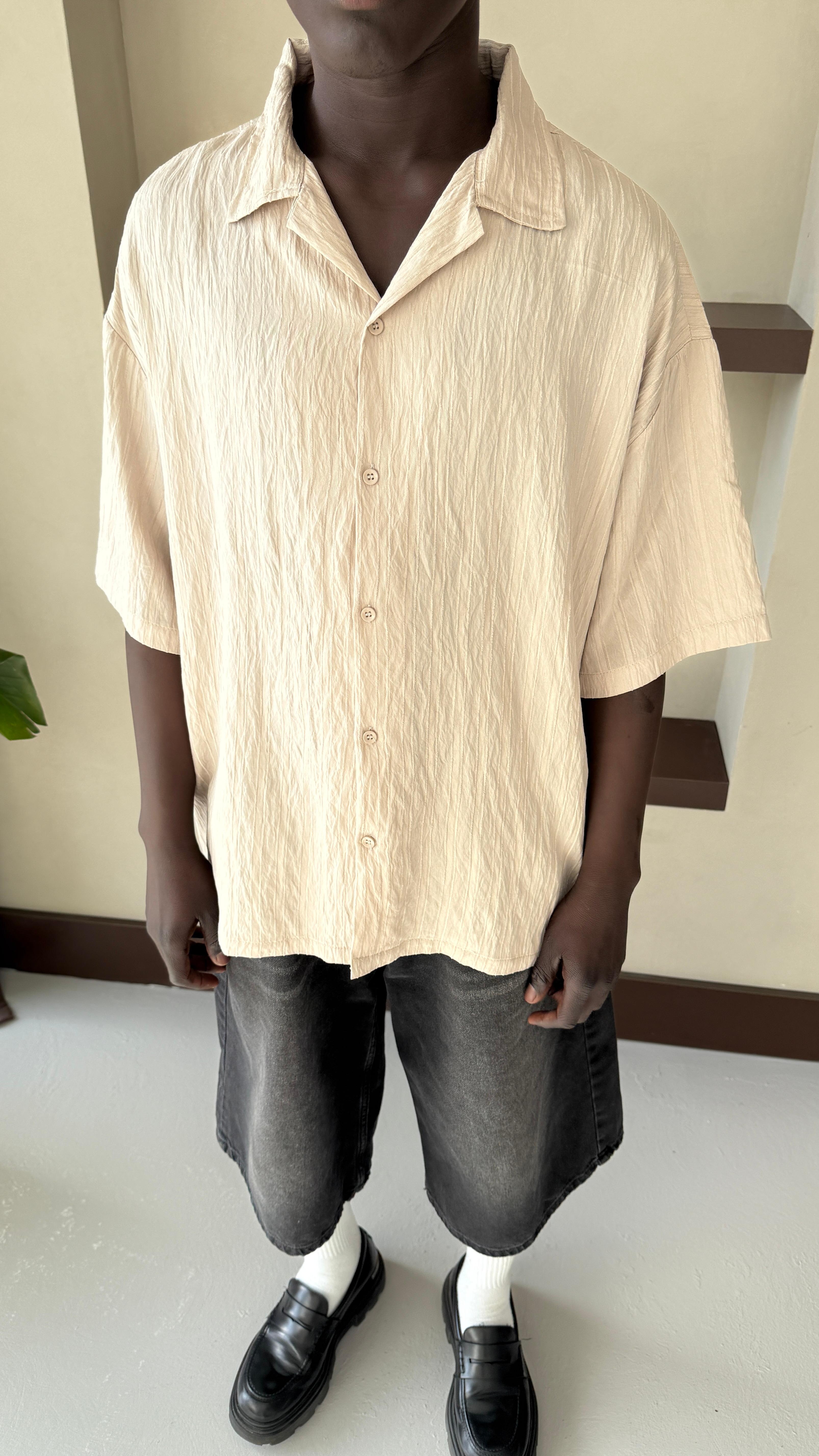 Krem Basic Oversize Keten Gömlek