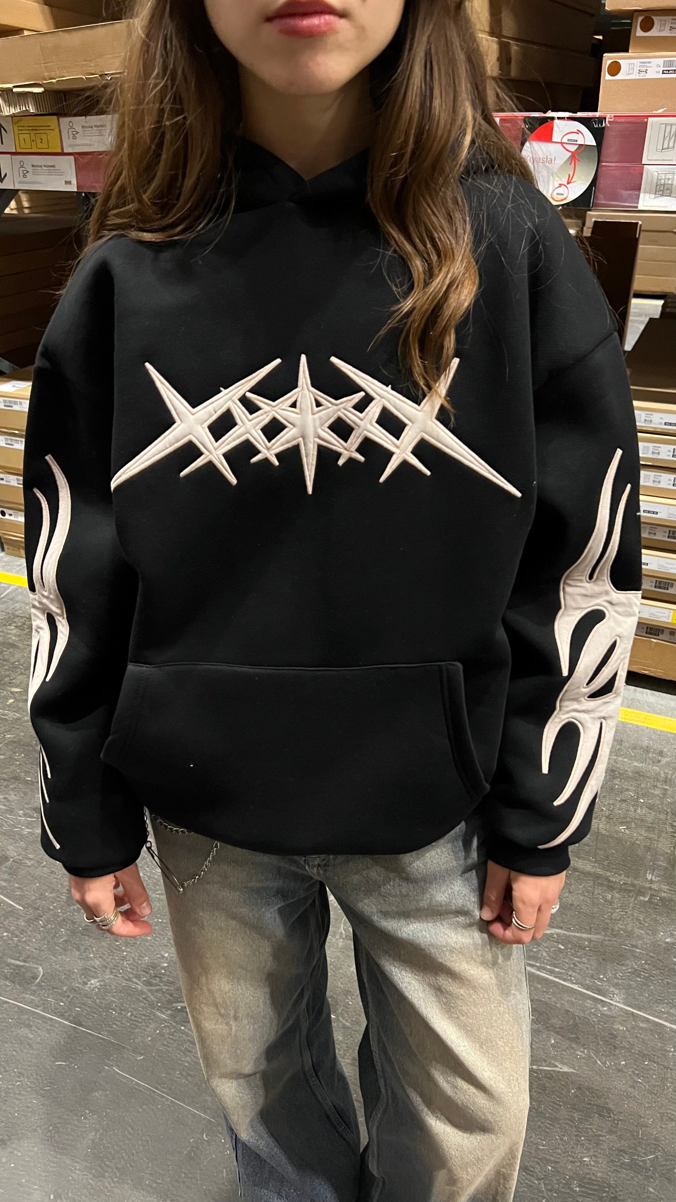 Siyah Tribal Nakış İşlemeli Oversize Hoodie 