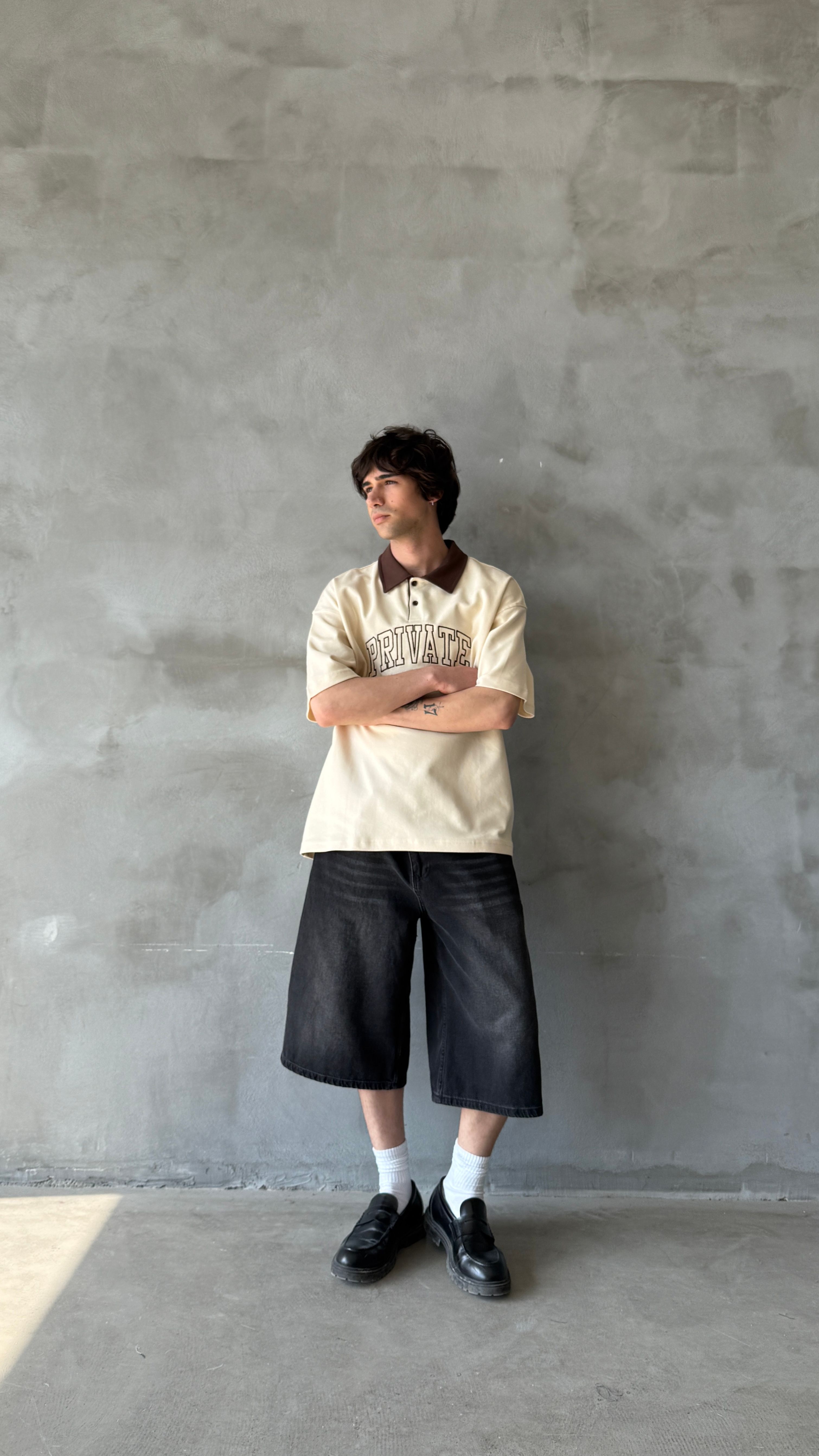 Krem Private Polo Yaka Oversize Tişört 