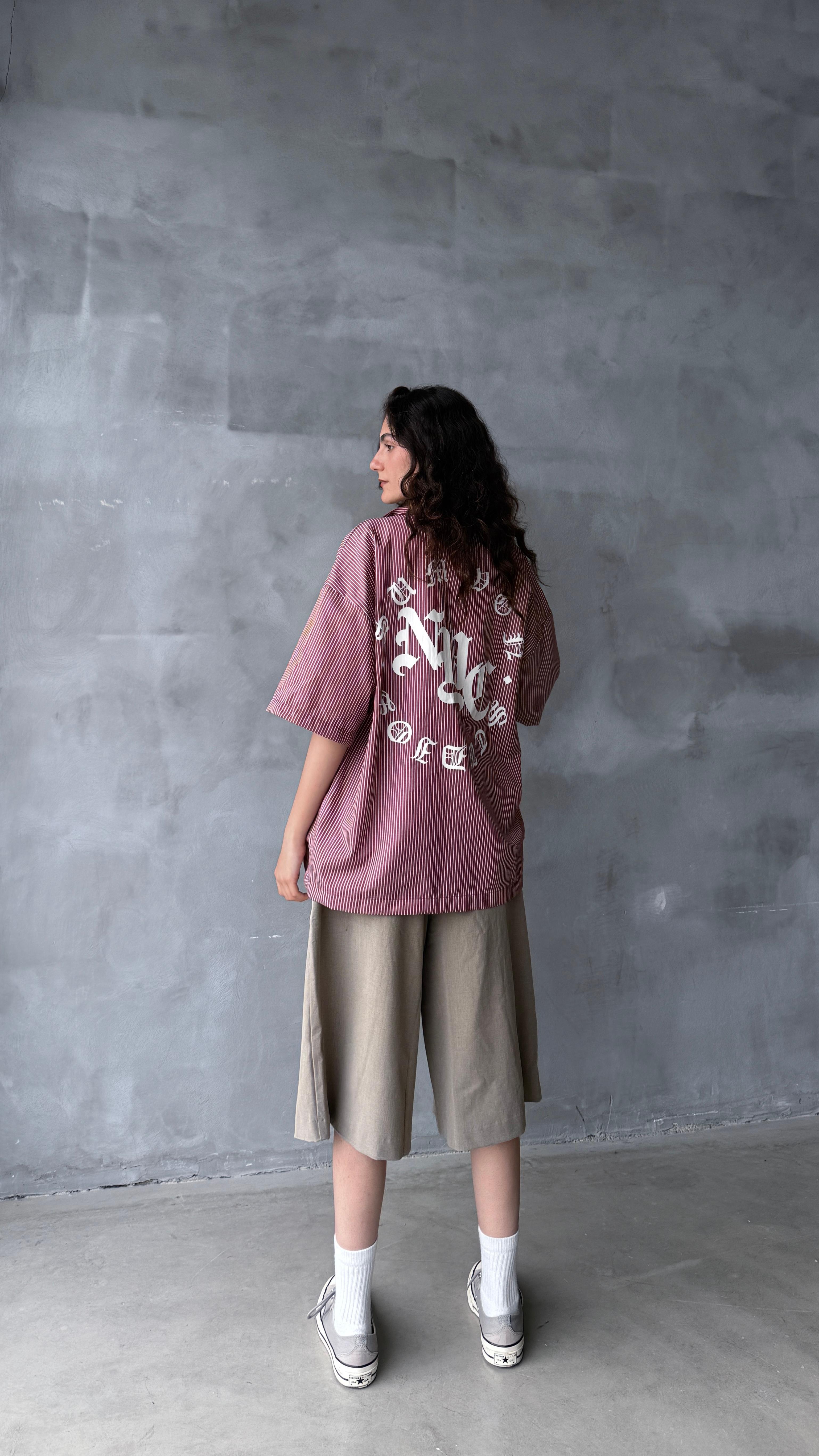 Bordo NYC Çizgili Oversize Gömlek 