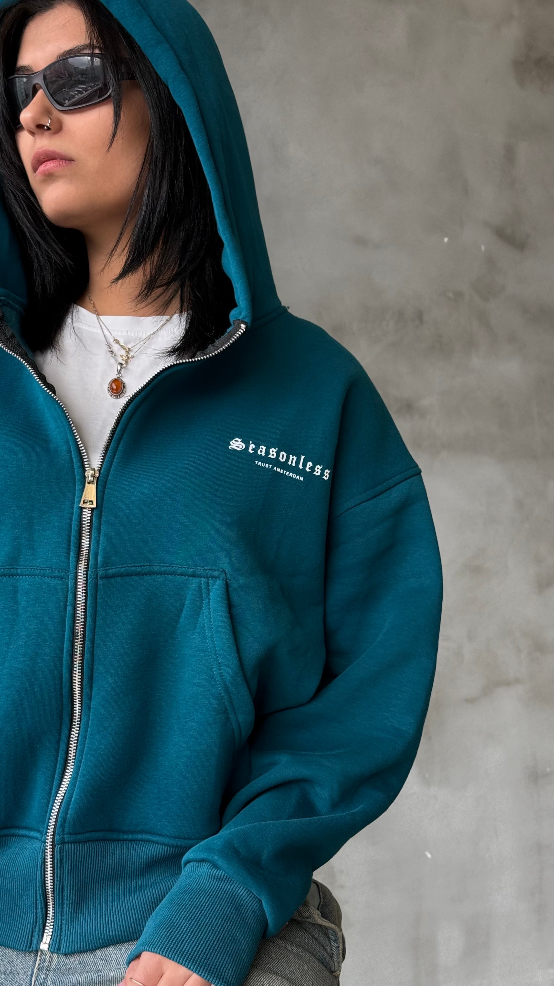 Seasonless Petrol Yeşili Oversize Zipper Hoodie