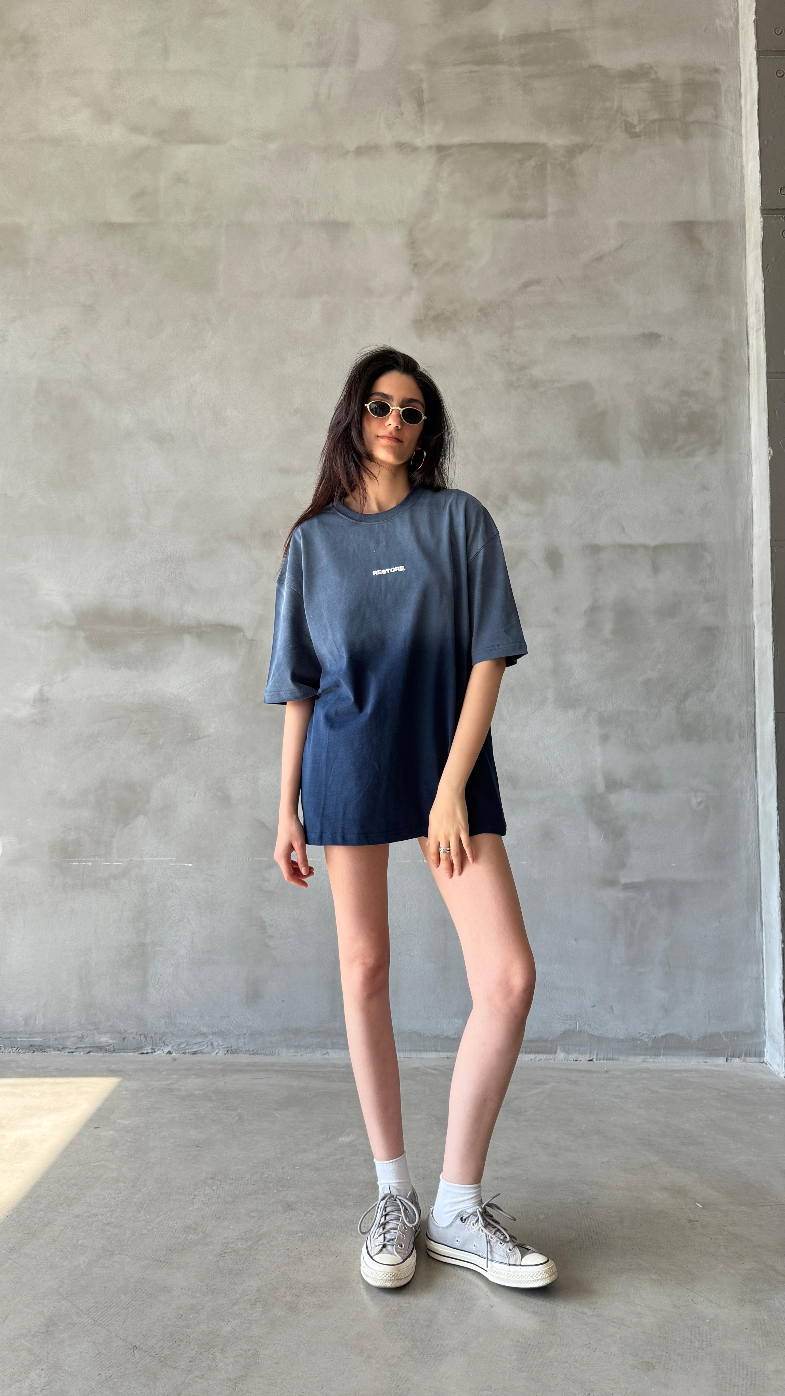 Lacivert Restore Yıkamalı Oversize Tişört 