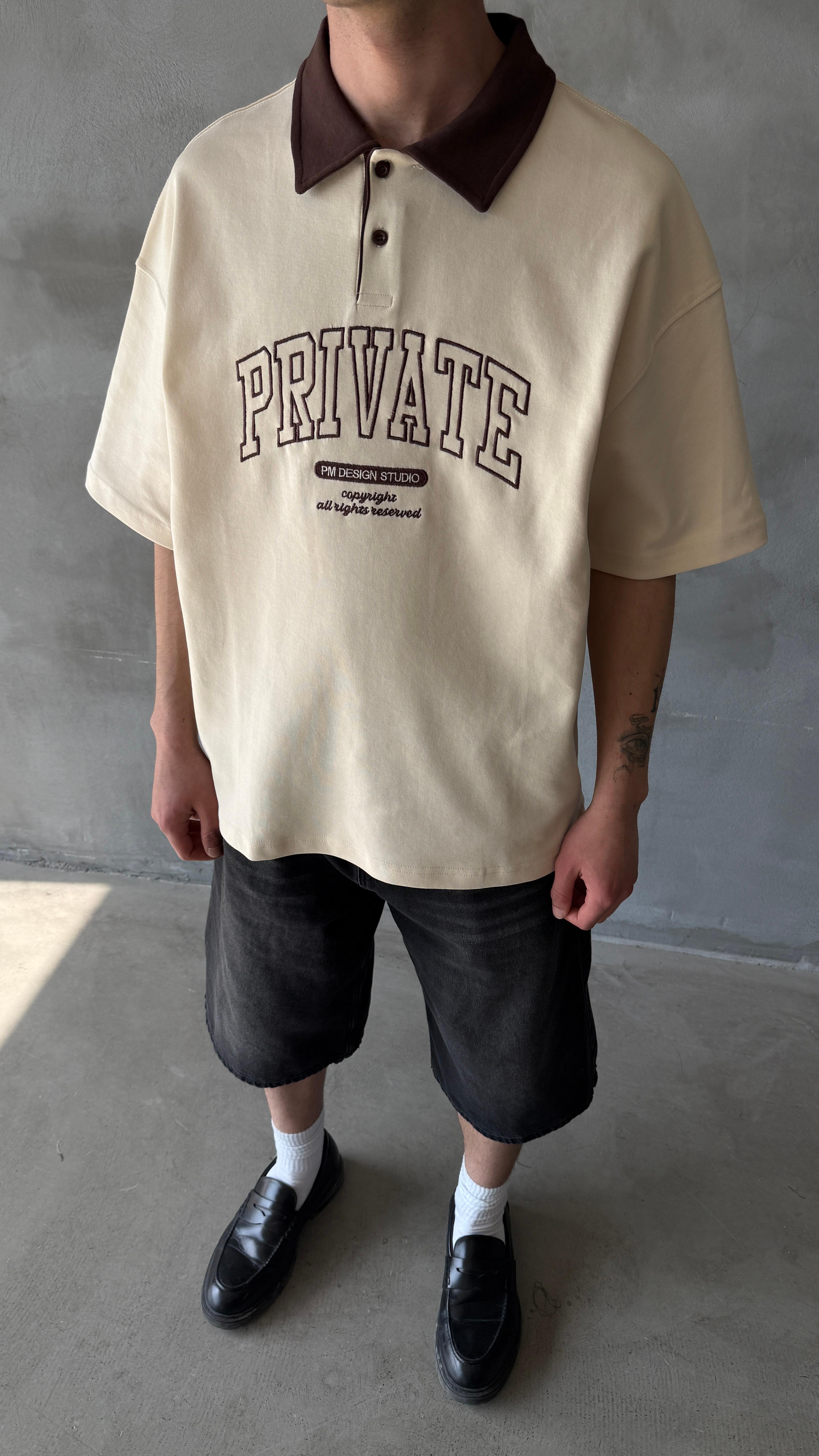 Krem Private Polo Yaka Oversize Tişört 