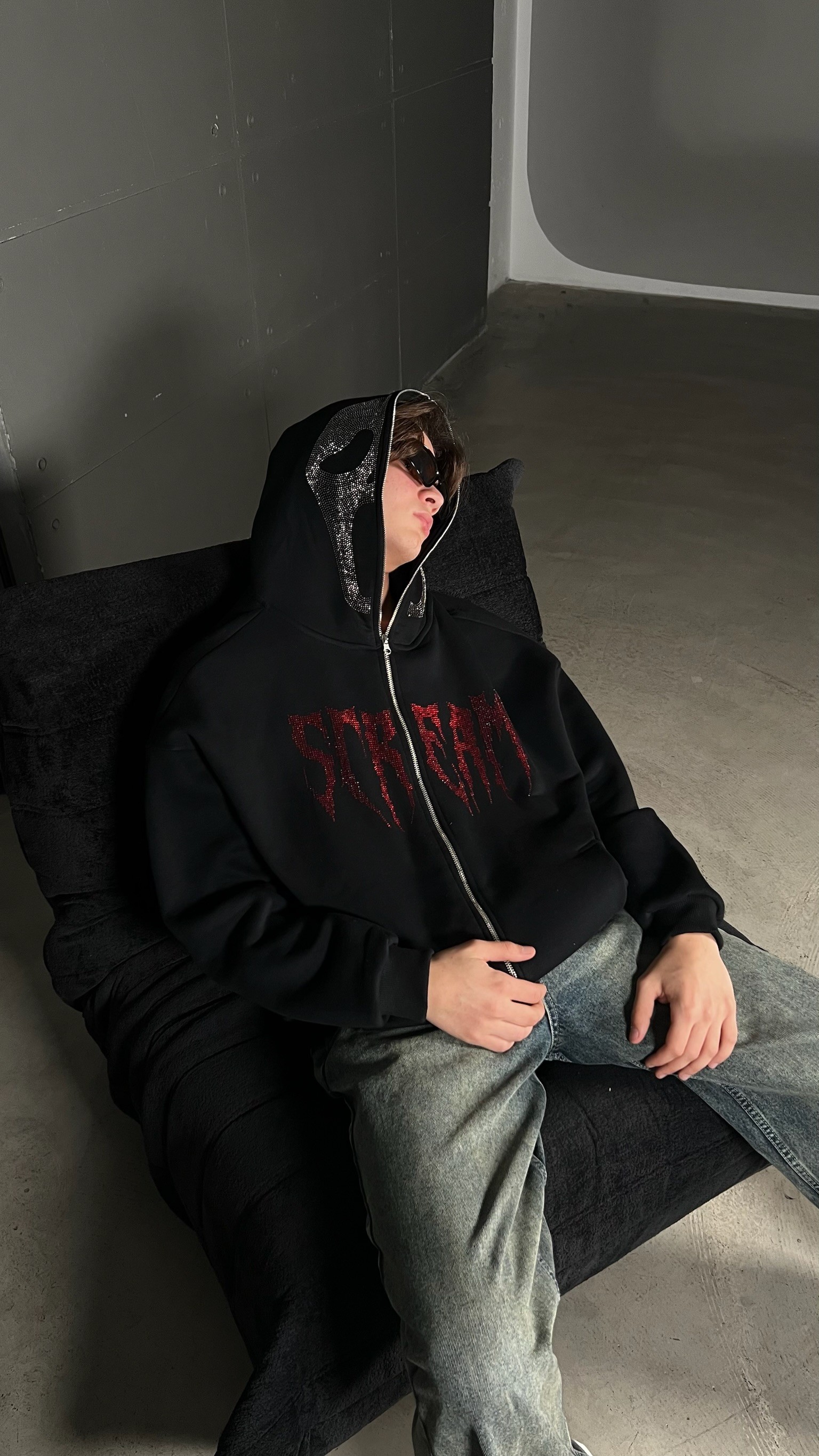 Scream Taş İşlemeli Oversize Full Zipper Hoodie