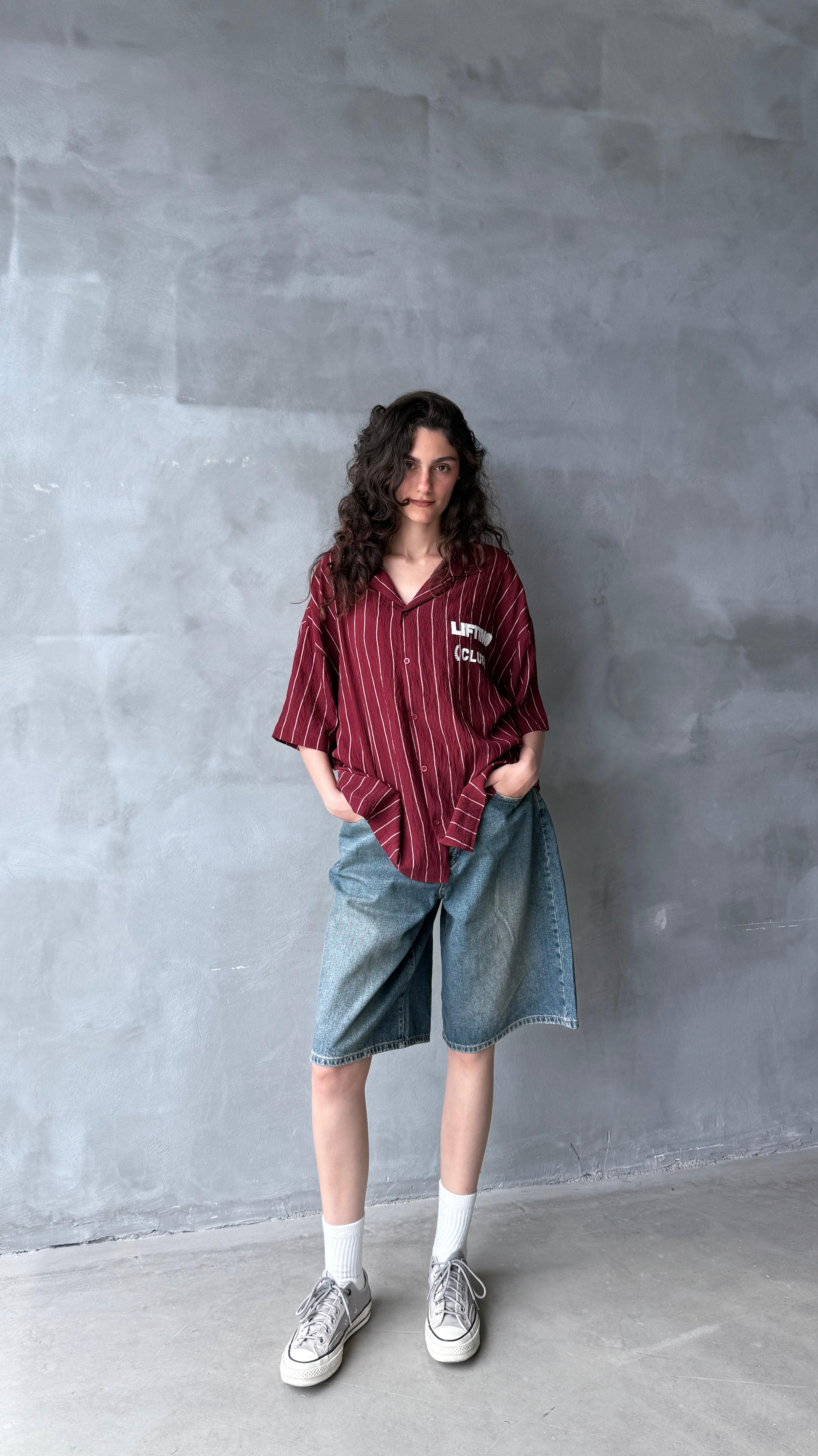 Bordo Lifting Club Çizgili Oversize Keten Gömlek