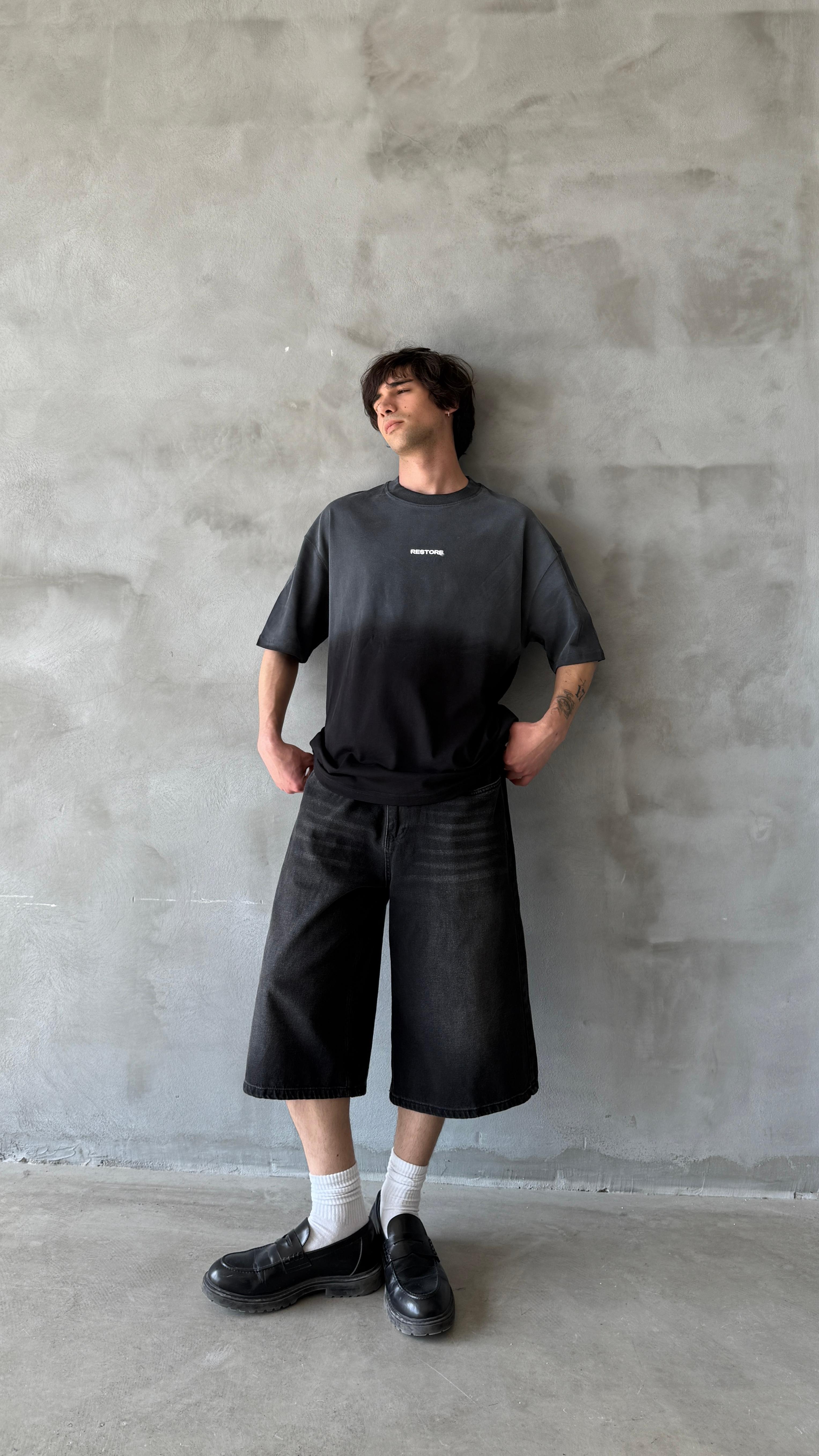Antrasit Restore Yıkamalı Oversize Tişört 