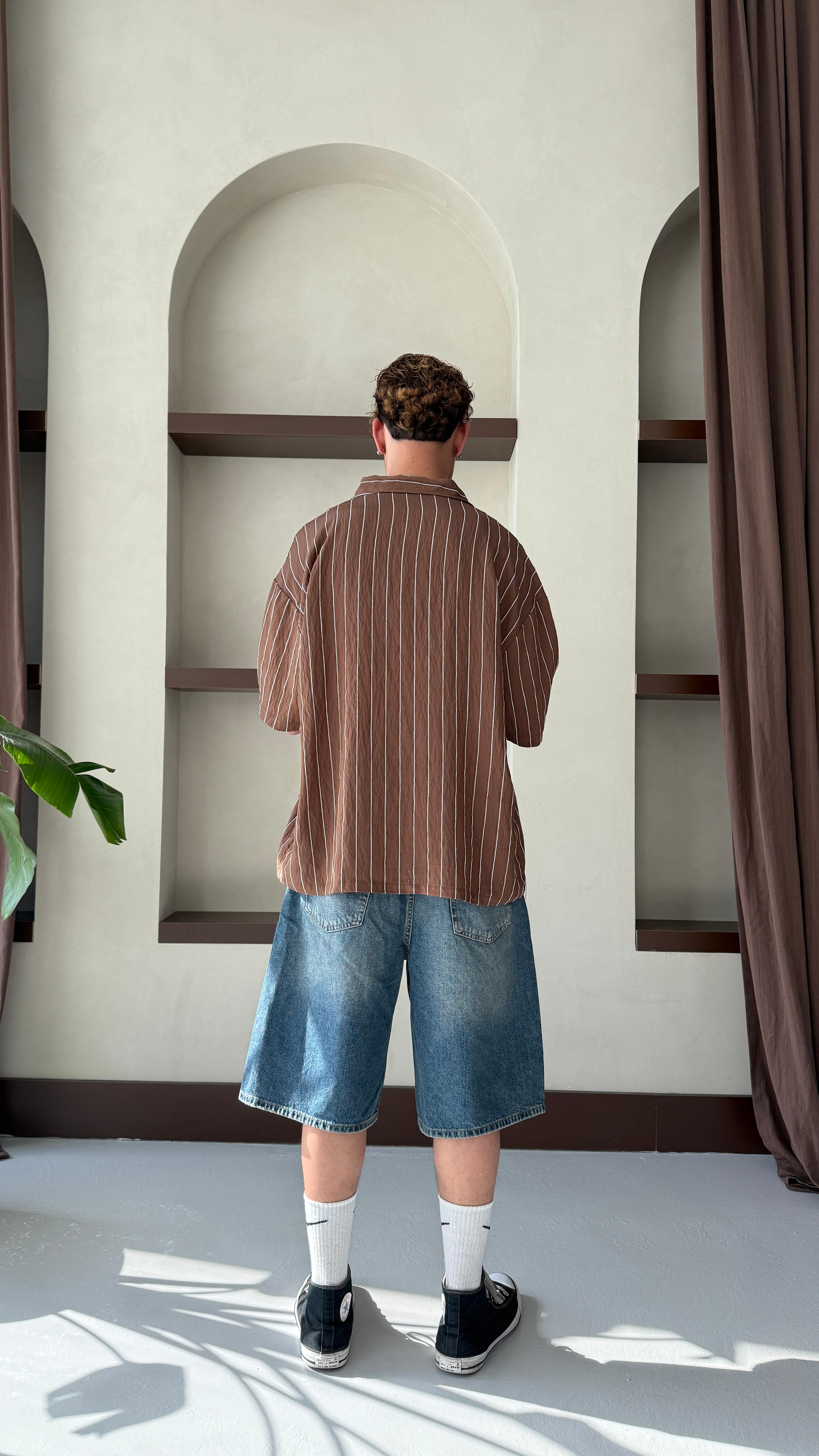 Kahve Çizgili Oversize Keten Gömlek