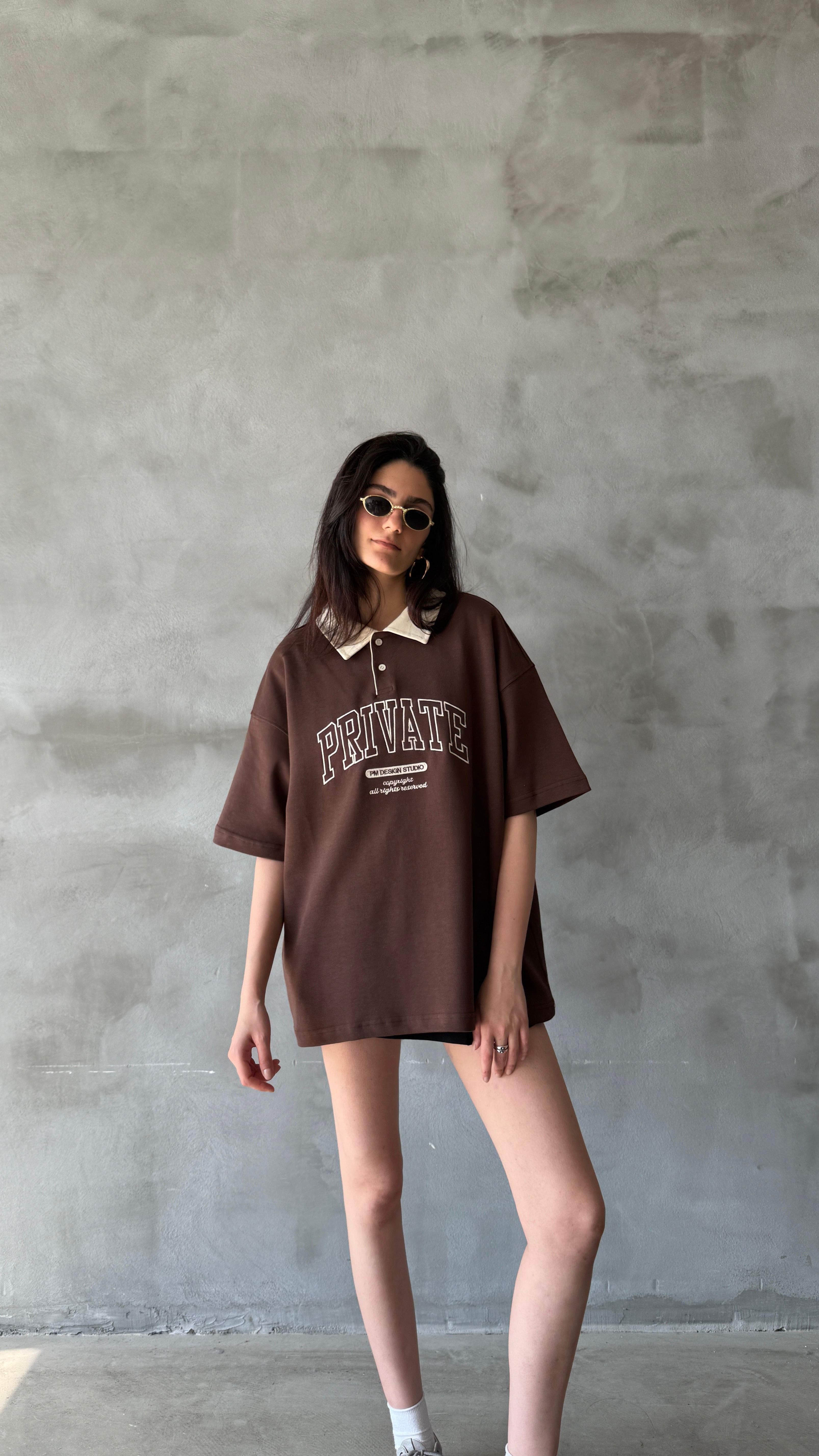 Kahve Private Polo Yaka Oversize Tişört 