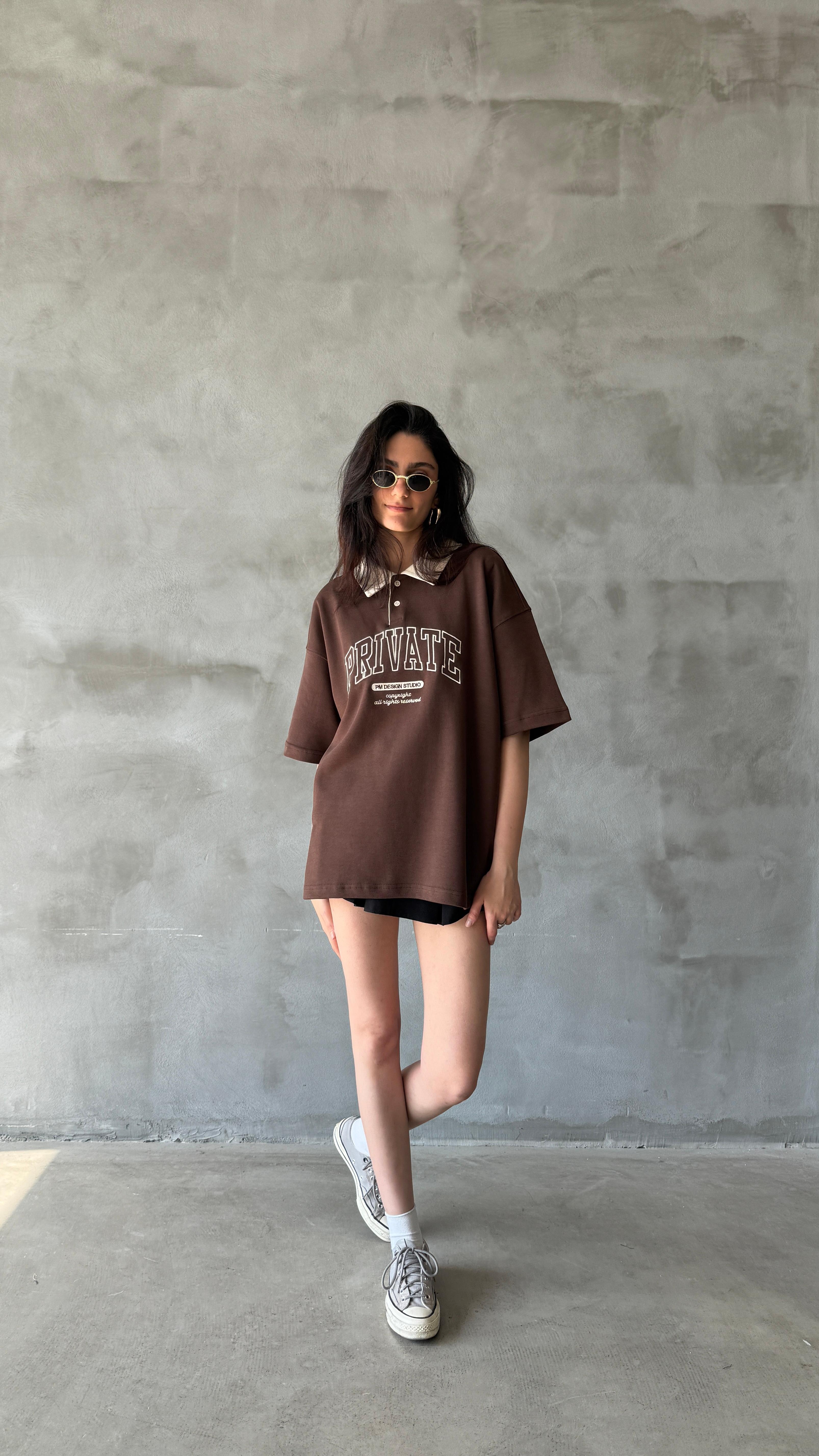 Kahve Private Polo Yaka Oversize Tişört 