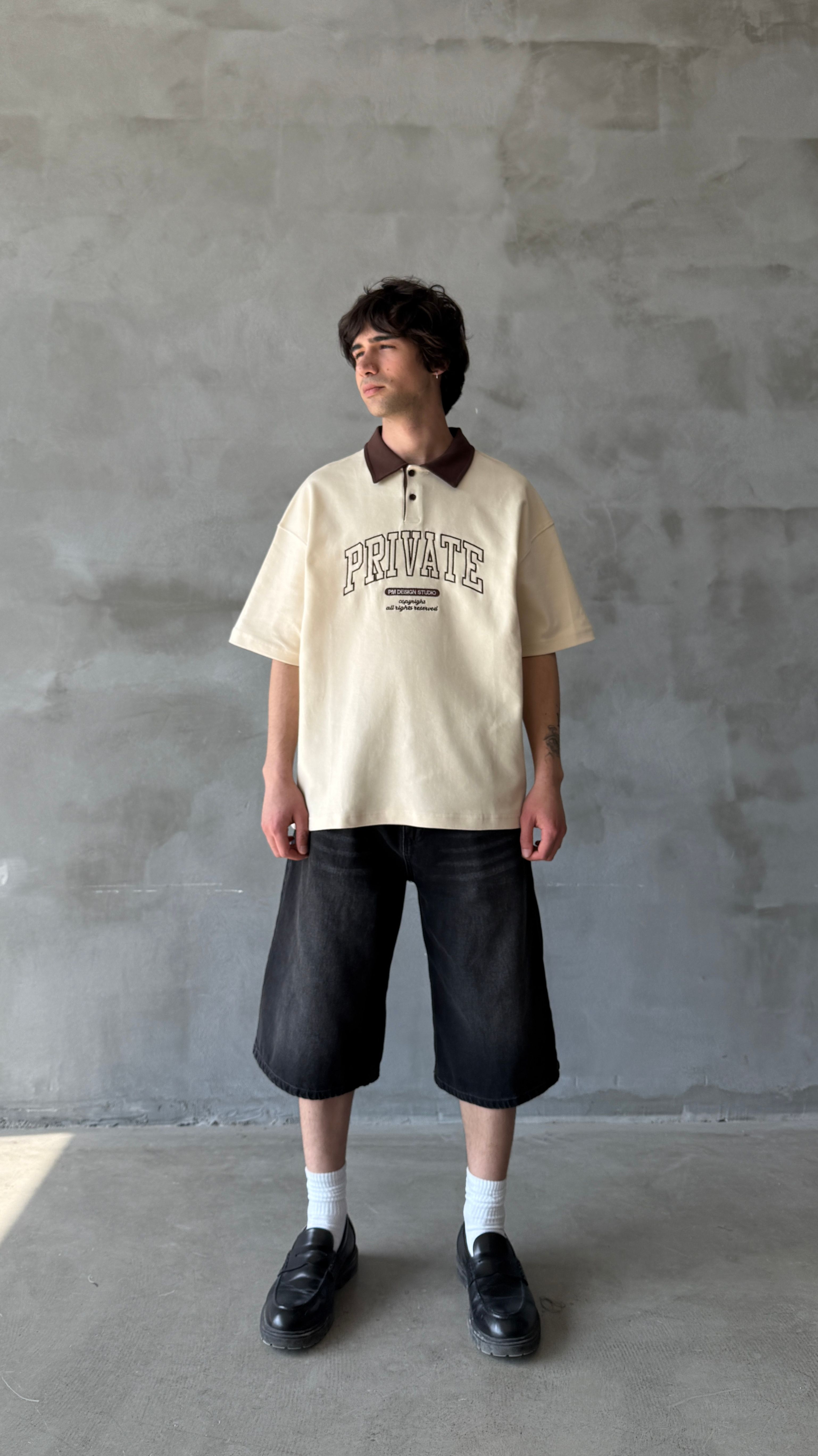 Krem Private Polo Yaka Oversize Tişört 